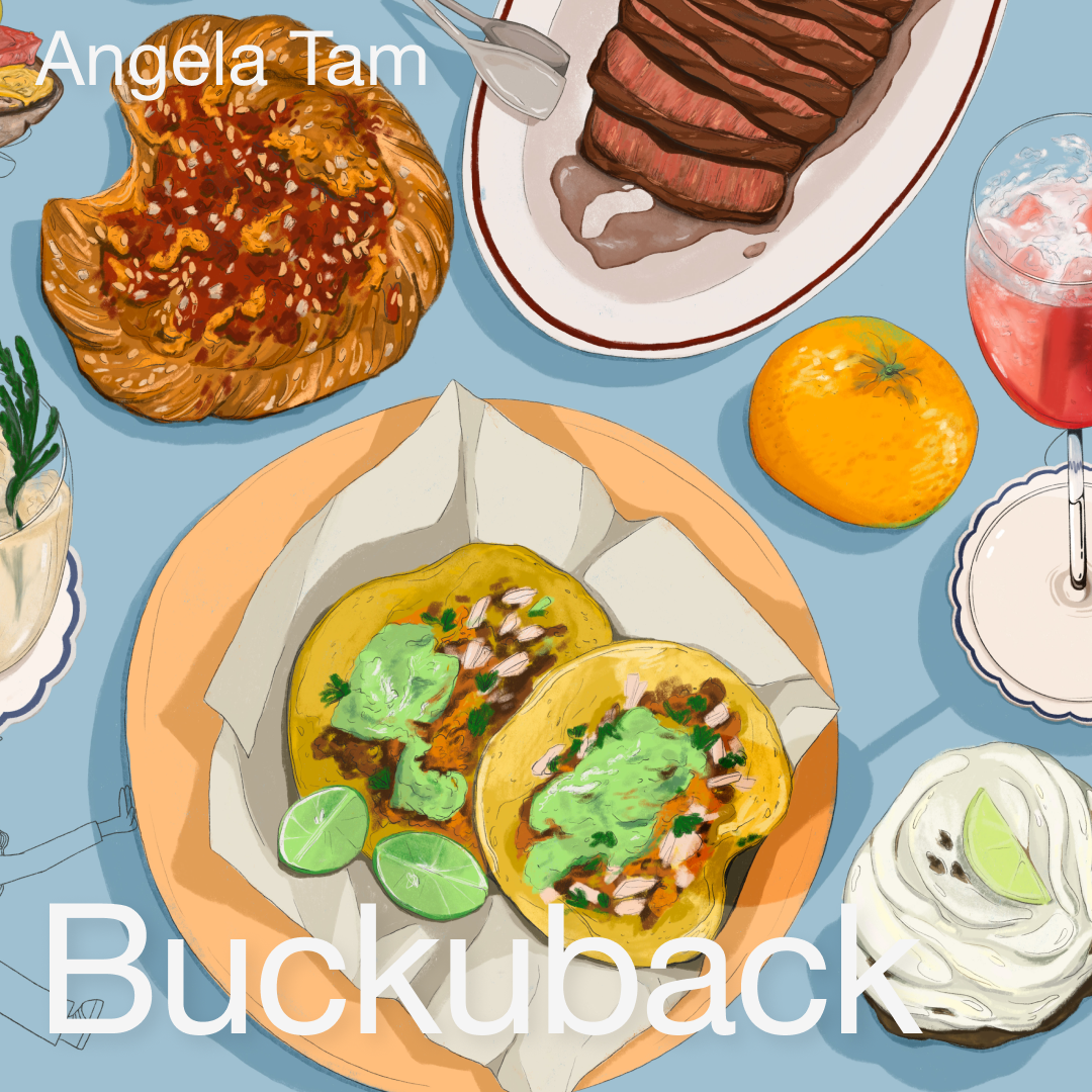 Realistic drawing by Angela Tam featured on Buck Design's Buckuback Instagram. Food platter with tacos, steaks, orange, red cocktail, and pastries displayed on a full blue background.