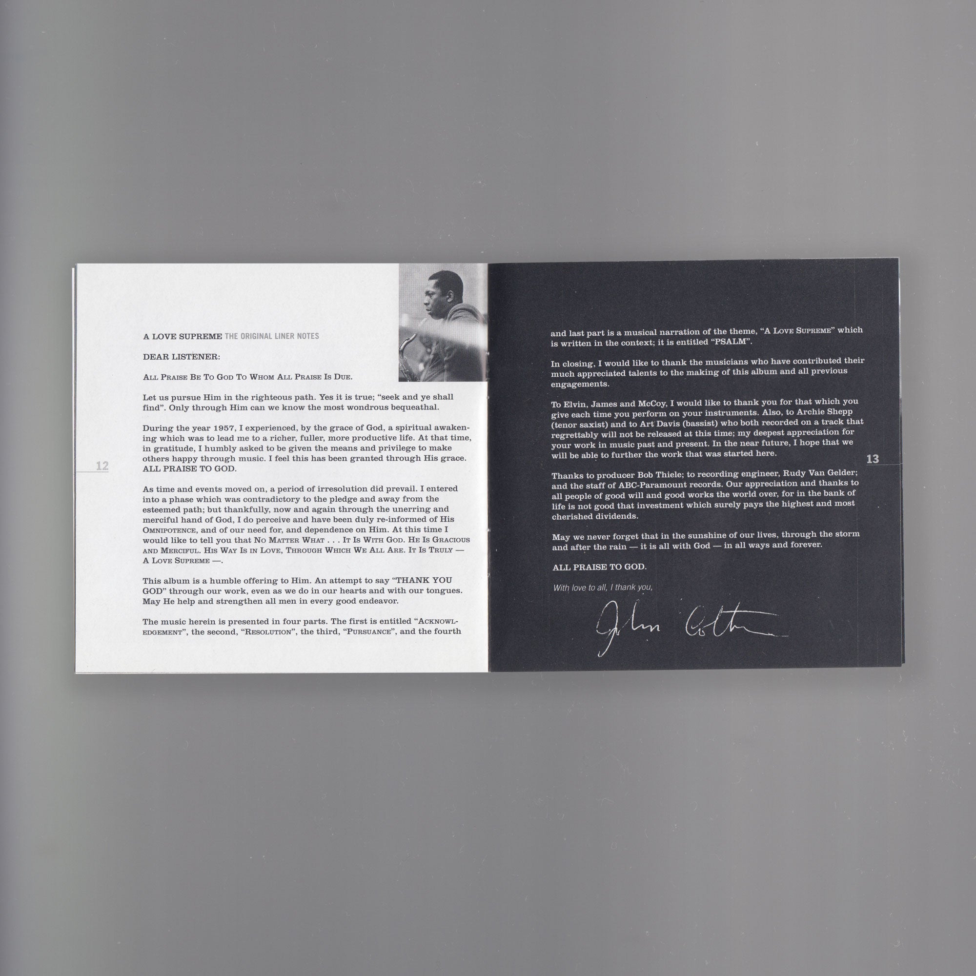 A scanned image of John Coltrane's CD booklet of "A Love Supreme". The page shown displays the written prayer and excerpt about A Love Below.