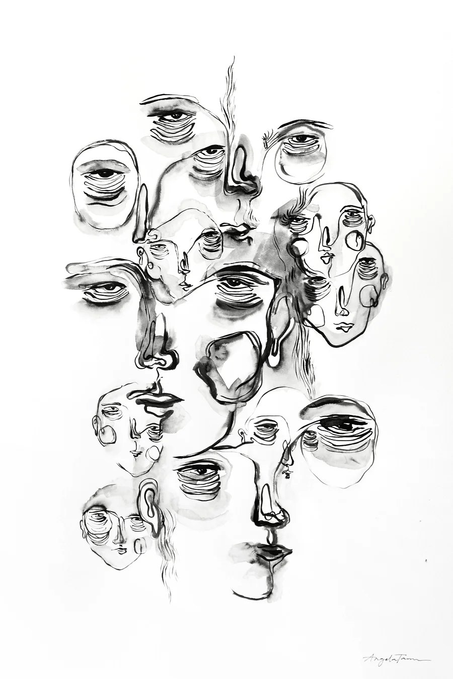 Original ink painting by Angela Tam featuring various faces creating an ominous composition. Displayed as a full image.