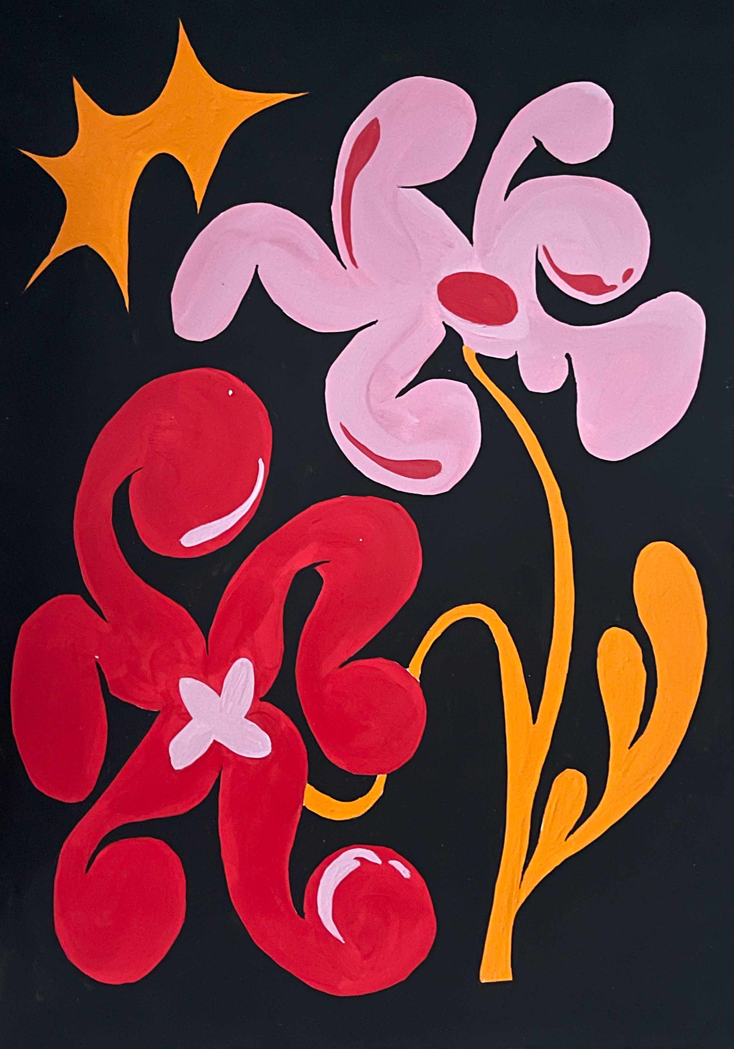 'Flower Arrangement 10' is an original acrylic painting by Angela Tam. Two surreal shaped flowers in red and pink stem from an orange wavy stem. Contrasted to the black background, the vibrant botanicals create a bold macro view into a night garden. Displayed as a full image.
