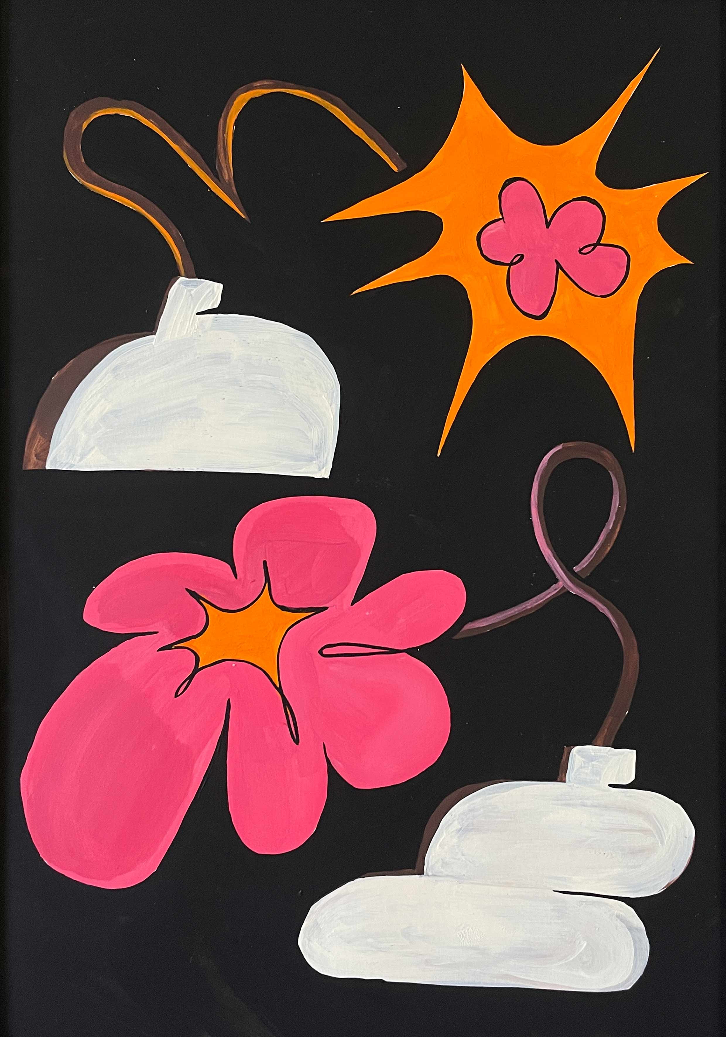 'Flower Arrangement 2' features two variations of white vases with a surreal, sharp-edged orange flower growing from one, and a puffy pink flower from the other. This original acrylic painting by Angela Tam is boldly coloured, contrasted to a black background. Displayed in full.