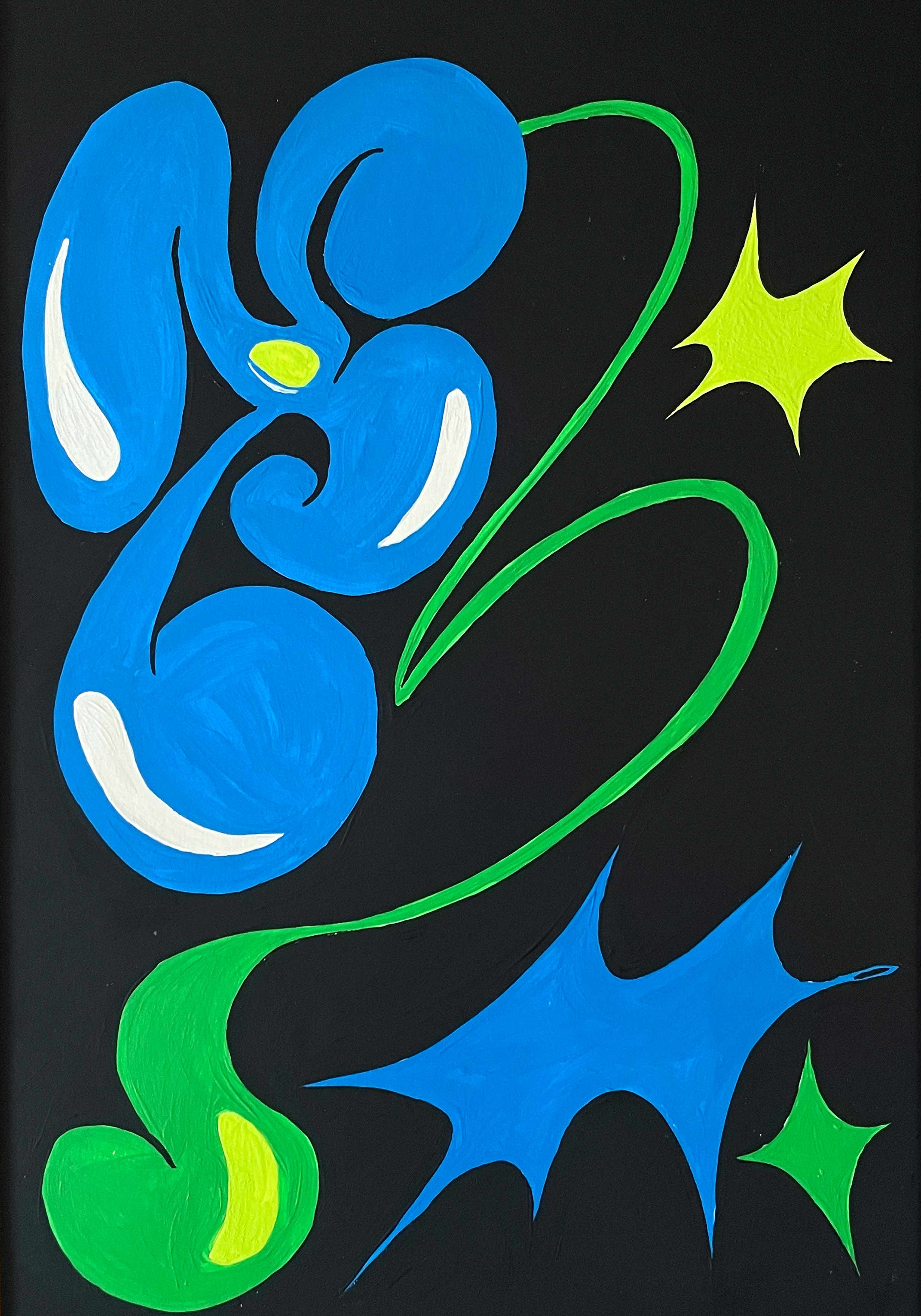 'Flower Arrangement 4' is an original acrylic painting by Angela Tam. It features a dynamic depiction of a blue four petal flower, stemming from a whimsically shaped green base. The black background contrasts with the bold, vibrant colours of the surrounding stars. Displayed as a full image.