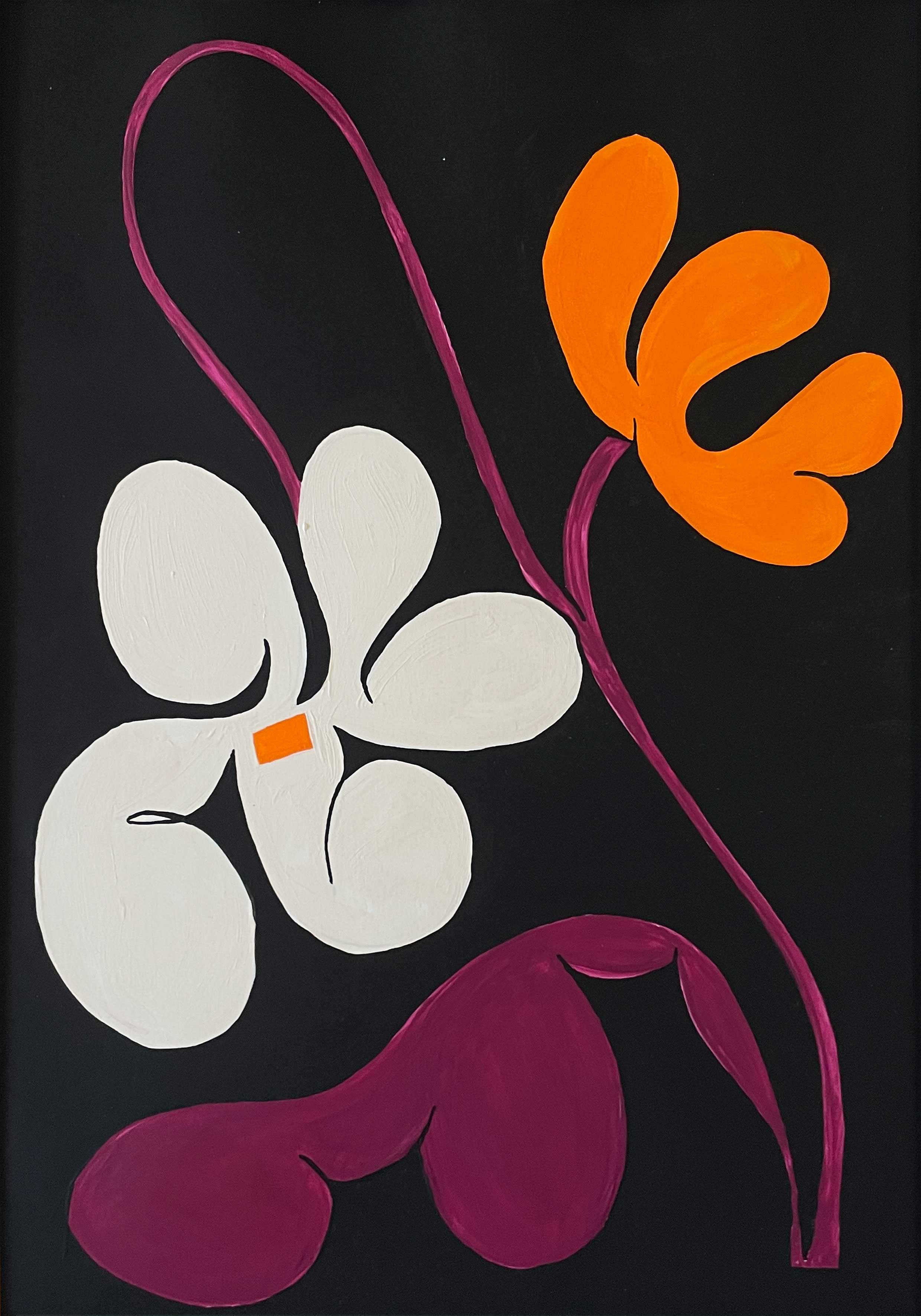 'Flower Arrangement 5' features a strong diagonal curved stem and two large flowers. This original acrylic painting by Angela Tam uses a warm colour palette of maroon, orange and cream contrasting to a black background. Displayed as a full image.