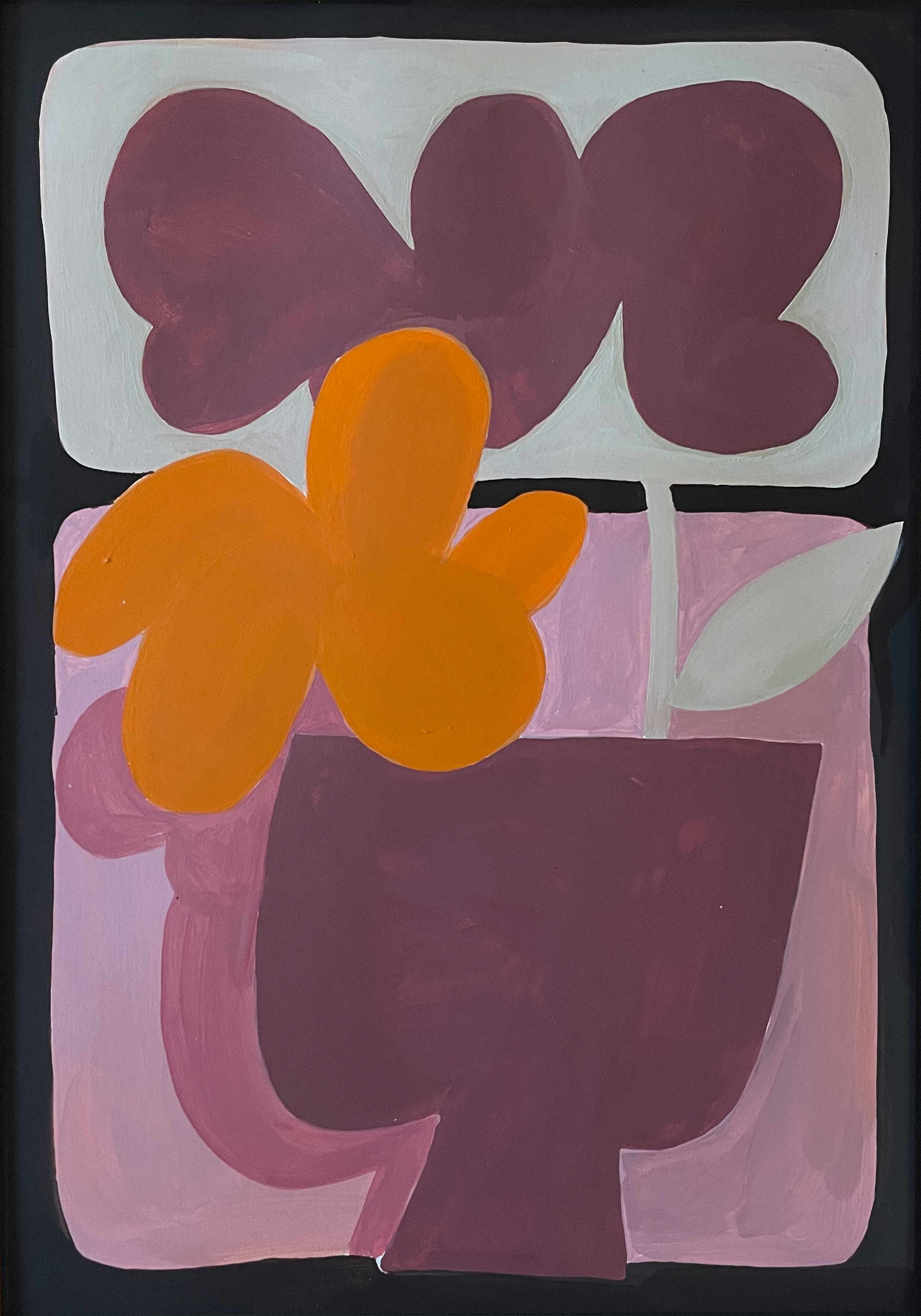 'Flower Arrangement 6' is an original acrylic painting by Angela Tam. Two large and muted coloured flowers sit over pastel boxes in the background, stemming from a small maroon vase. Displayed as a full image.