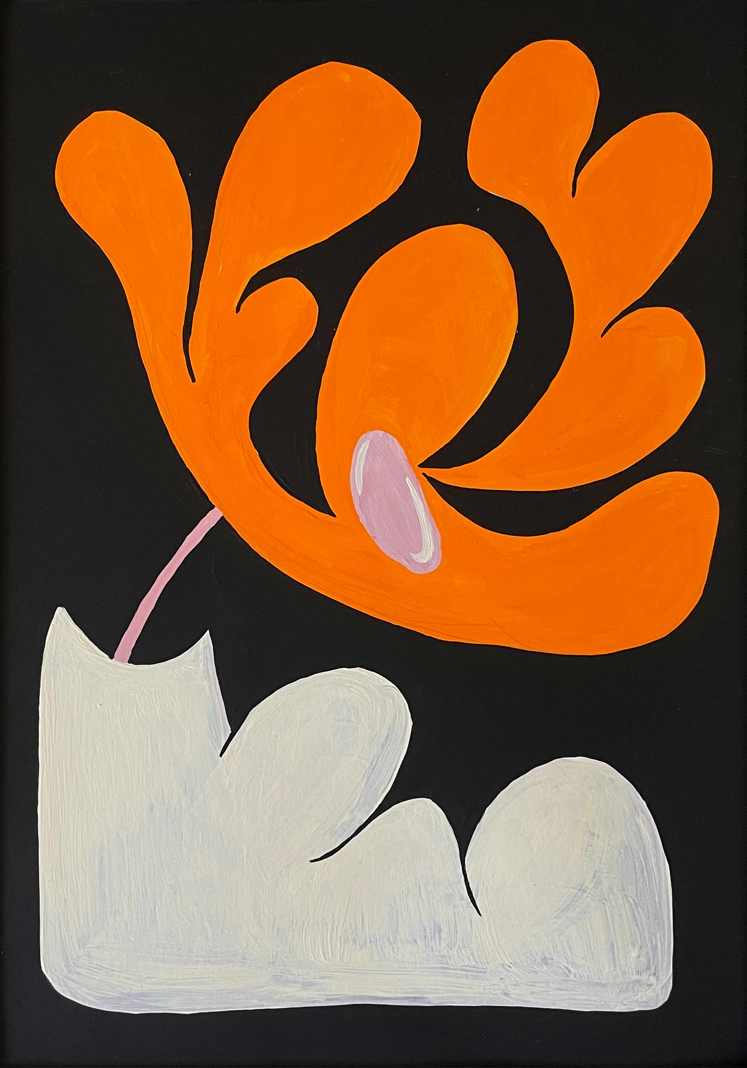 'Flower Arrangement 7' features a heavily abstracted orange flower in a white, lumpy vase. Angela Tam's original acrylic painting is vibrant and bold, with a simple black background to focus on the detailed curved edges of the flower's petals. Displayed as a full image.