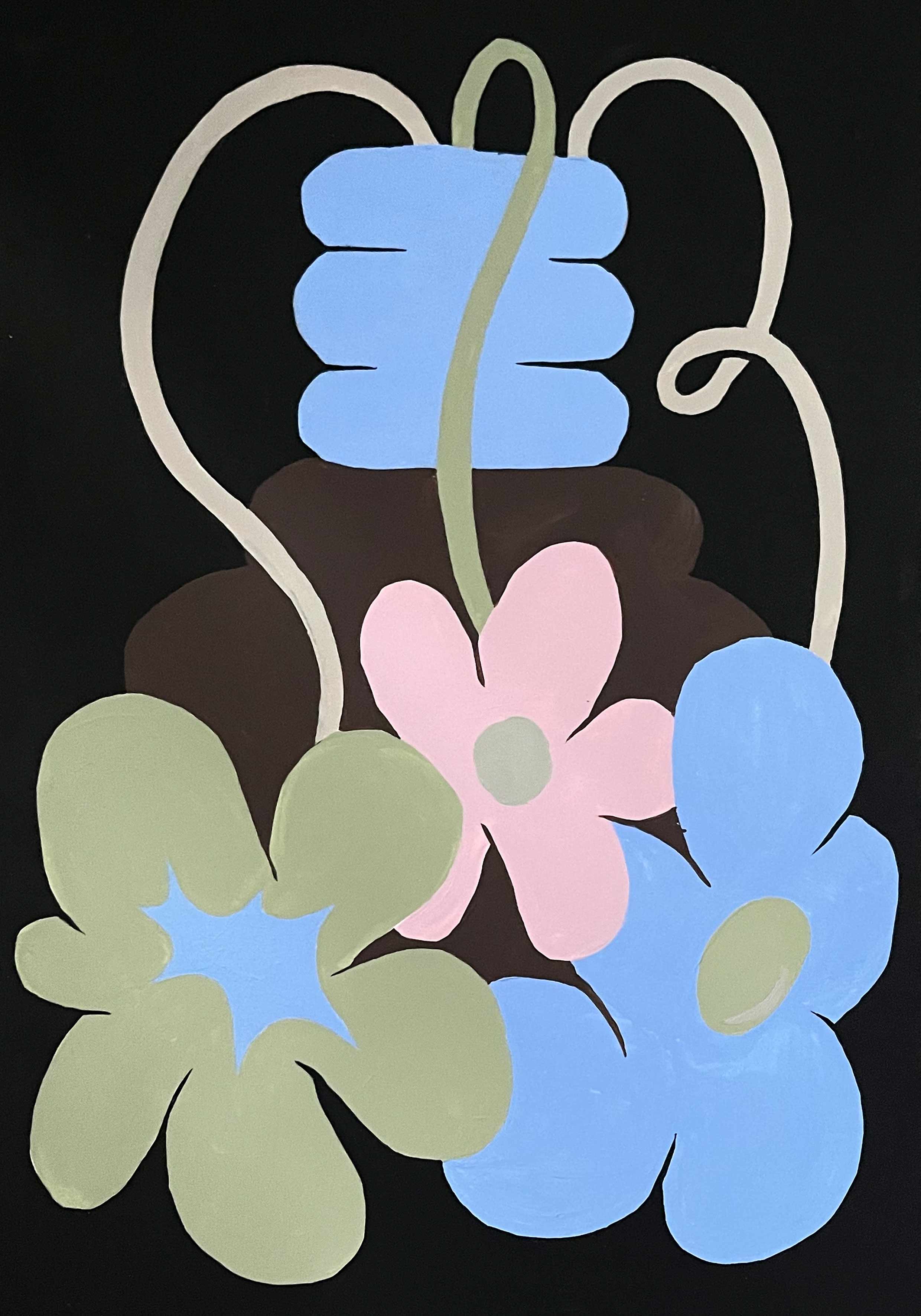 'Flower Arrangement 8' is an original acrylic artwork by Angela Tam featuring a vase and three flowers. The pastel blue vase sits at the top of the frame while the flowers droop over onto the bottom half of the composition. Displayed as a full image.