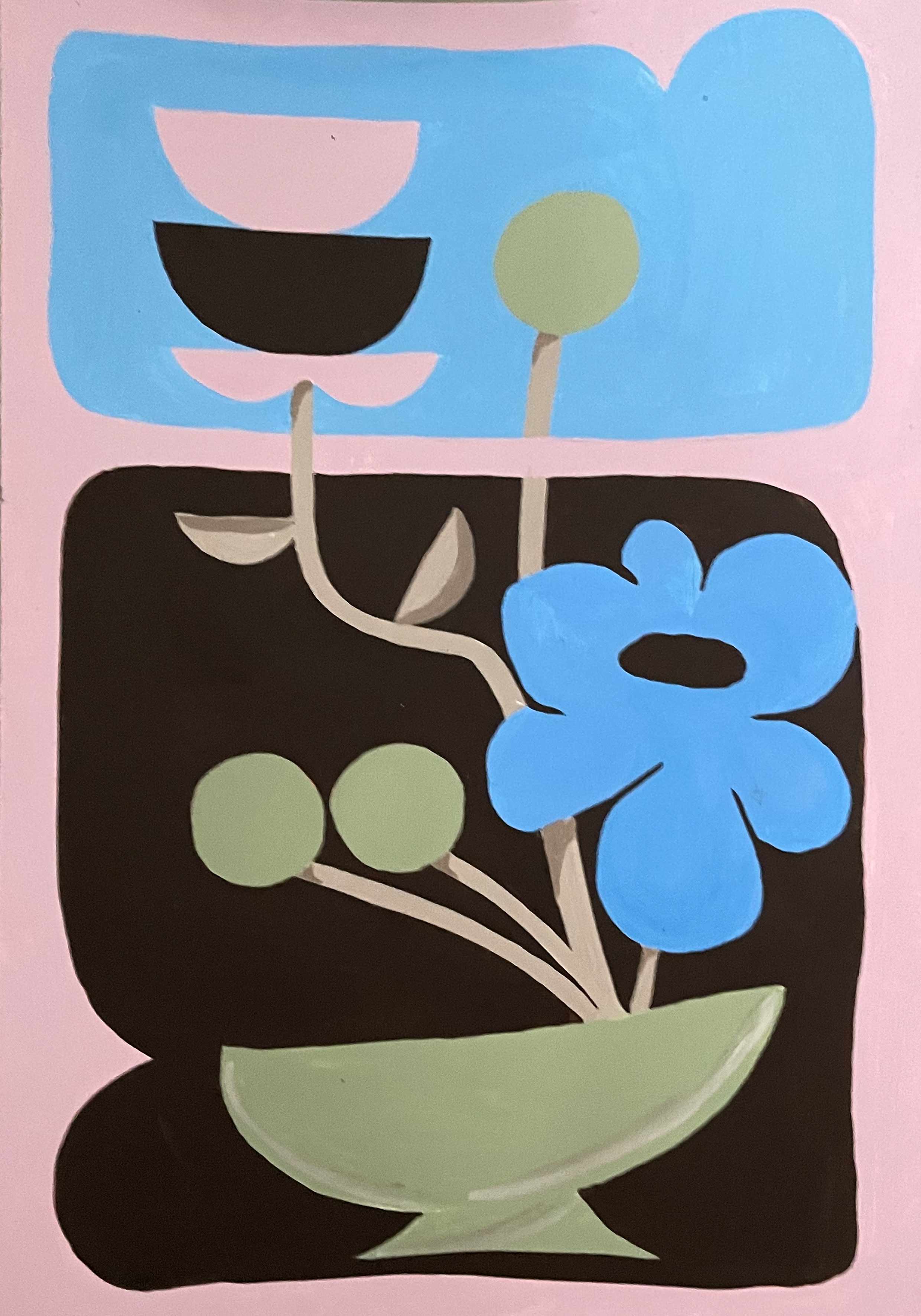 'Flower Arrangement 9' is an original acrylic painting by Angela Tam depicting an abstracted and simplified Ikebana arrangement. Various stems appear from a thin dish at the base, and stretch towards the sky as represented by a blue rounded shape. Displayed as a full image.