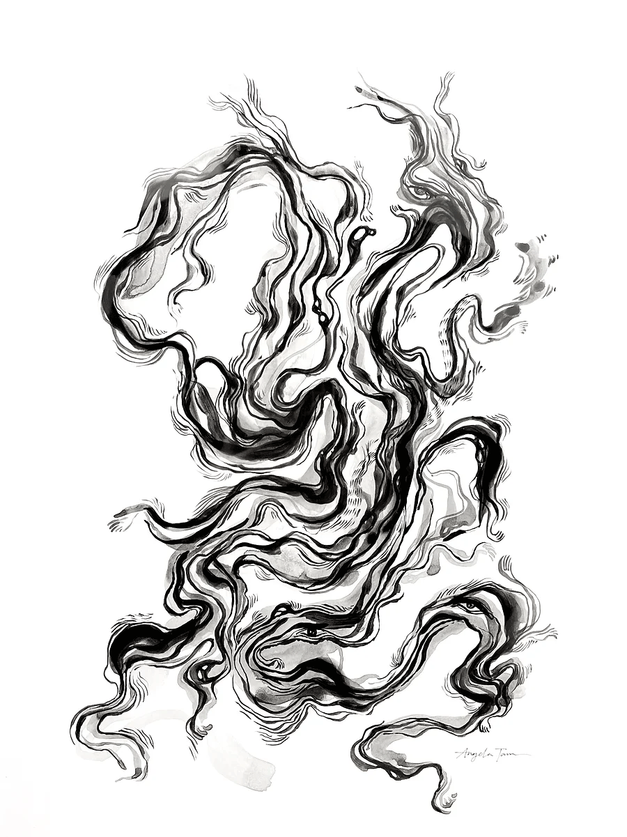 Original ink painting by Angela Tam with wavy, abstract ink brushstrokes. The lines are reminiscent of the way light reflects on water, with different weights and depths. Displayed as a full image.