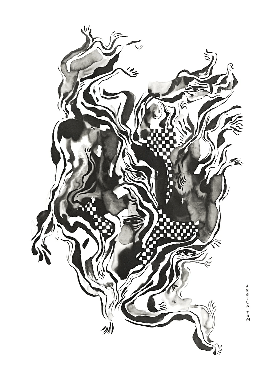 'Caught In The Rhythm' presents dynamic ink brushstrokes by Angela Tam. Checkered layers are embedded and constrasted with blotchy and various weights of ink, displayed as a full image.