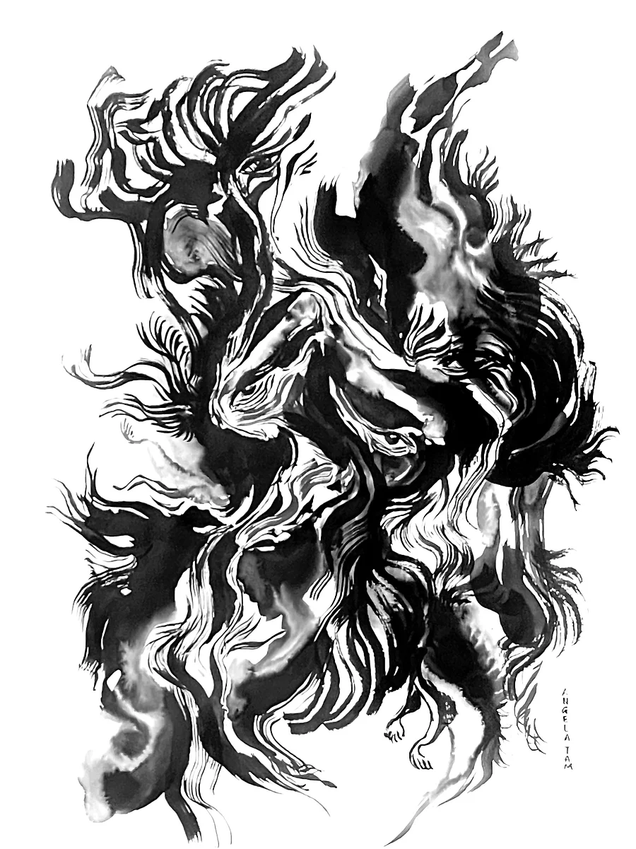 'Coming Through' is an original ink painting by Angela Tam, displayed as a full image. The brushstrokes suggest a dense overgrowth where eyes appear throughout.