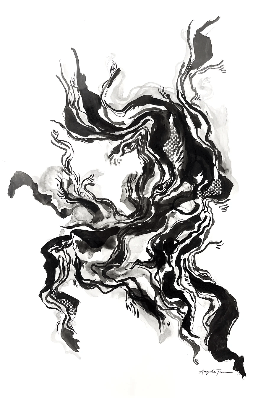 Original artwork by Angela Tam featuring abstract brush strokes made with ink, displayed as a full image. The lines appear fluid and in motion, spreading to each corner of the piece from a single eye.