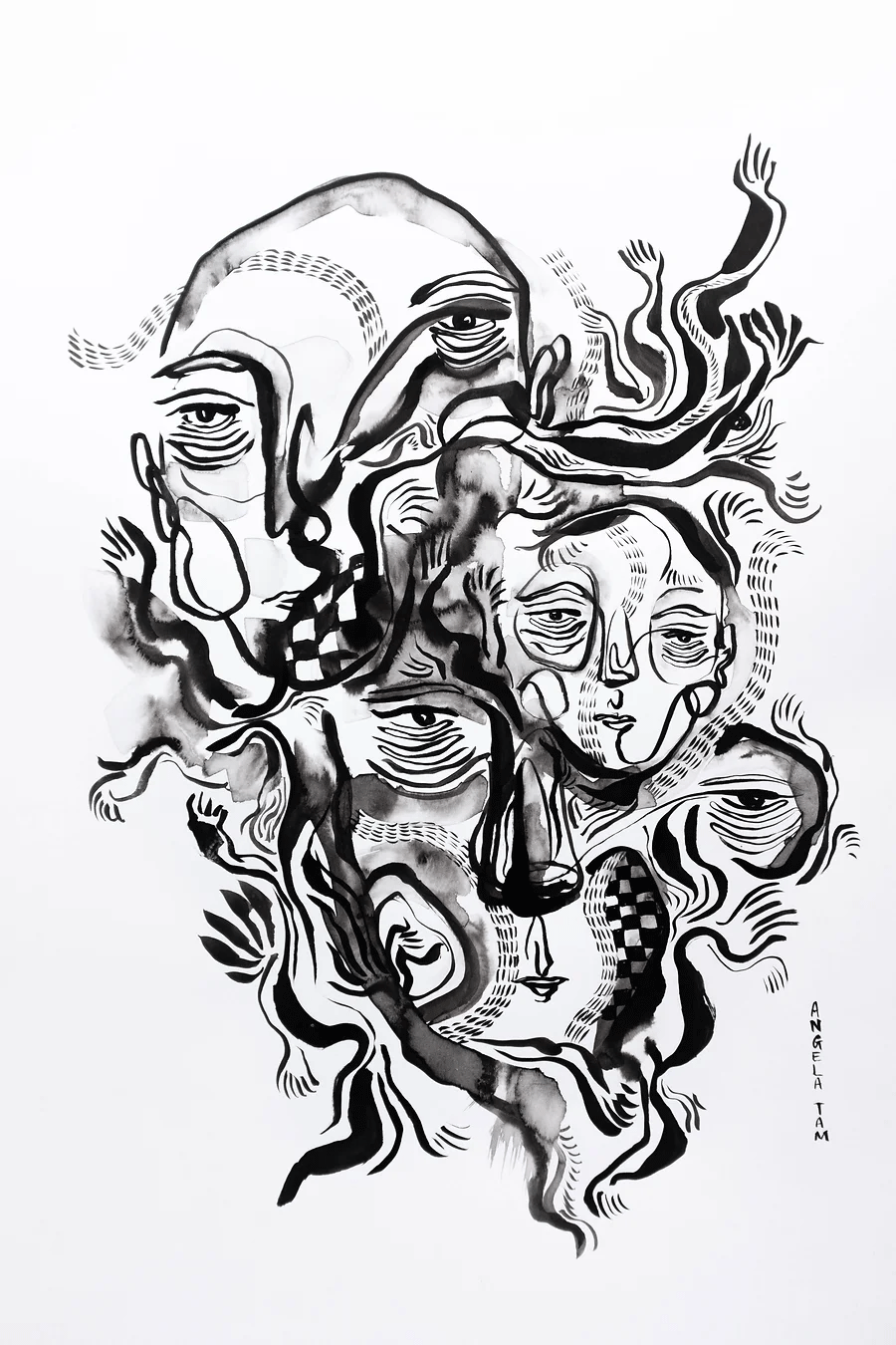 'Embodied' is an original ink painting by Angela Tam featuring three abstract faces and a combination of fluid brushstrokes and checks. Displayed as a full image.