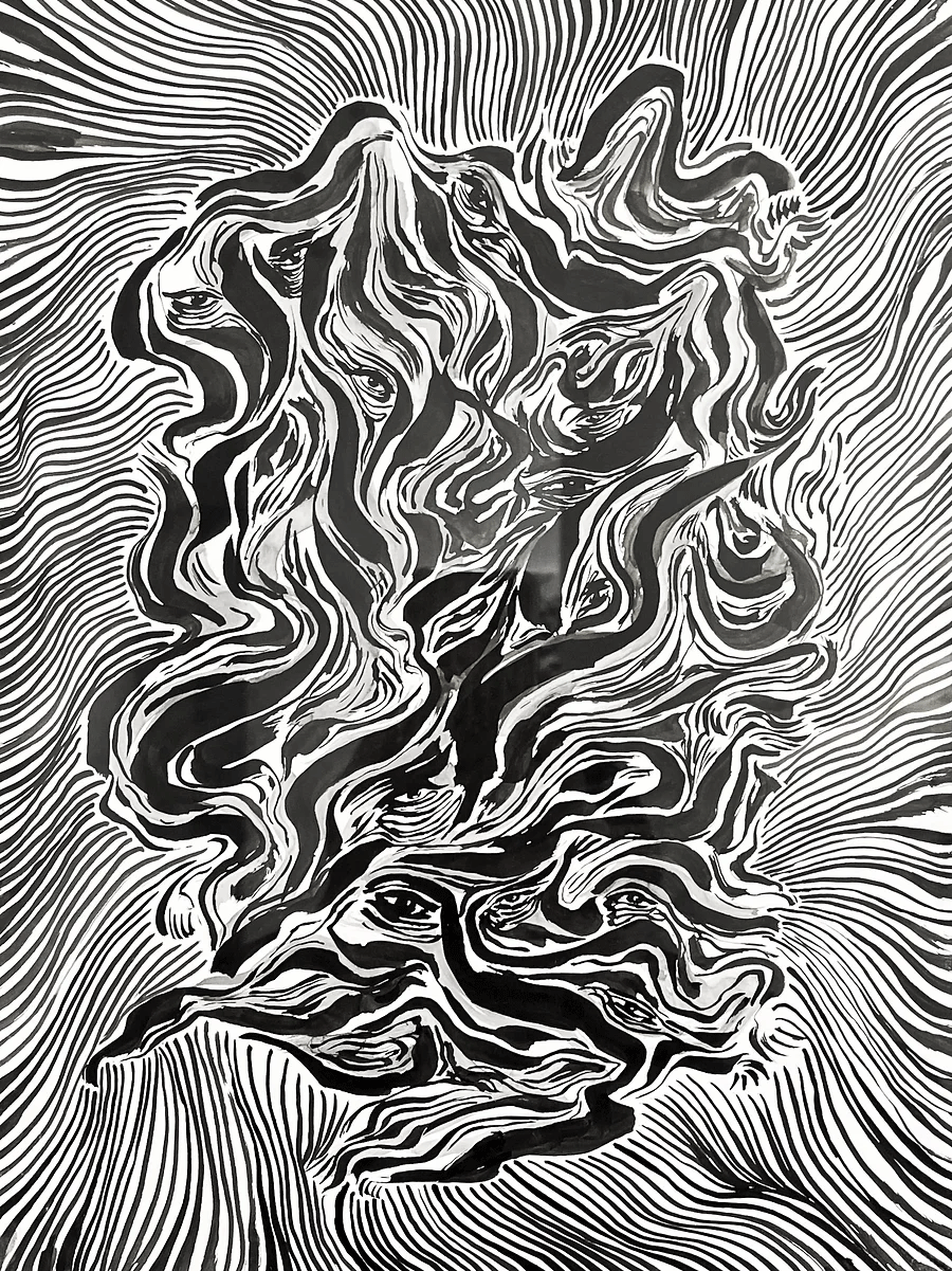 'Emerging' is a psychedelic ink painting by Angela Tam, where brushstrokes create waves that appear to be pulsing. Displayed as a full image.