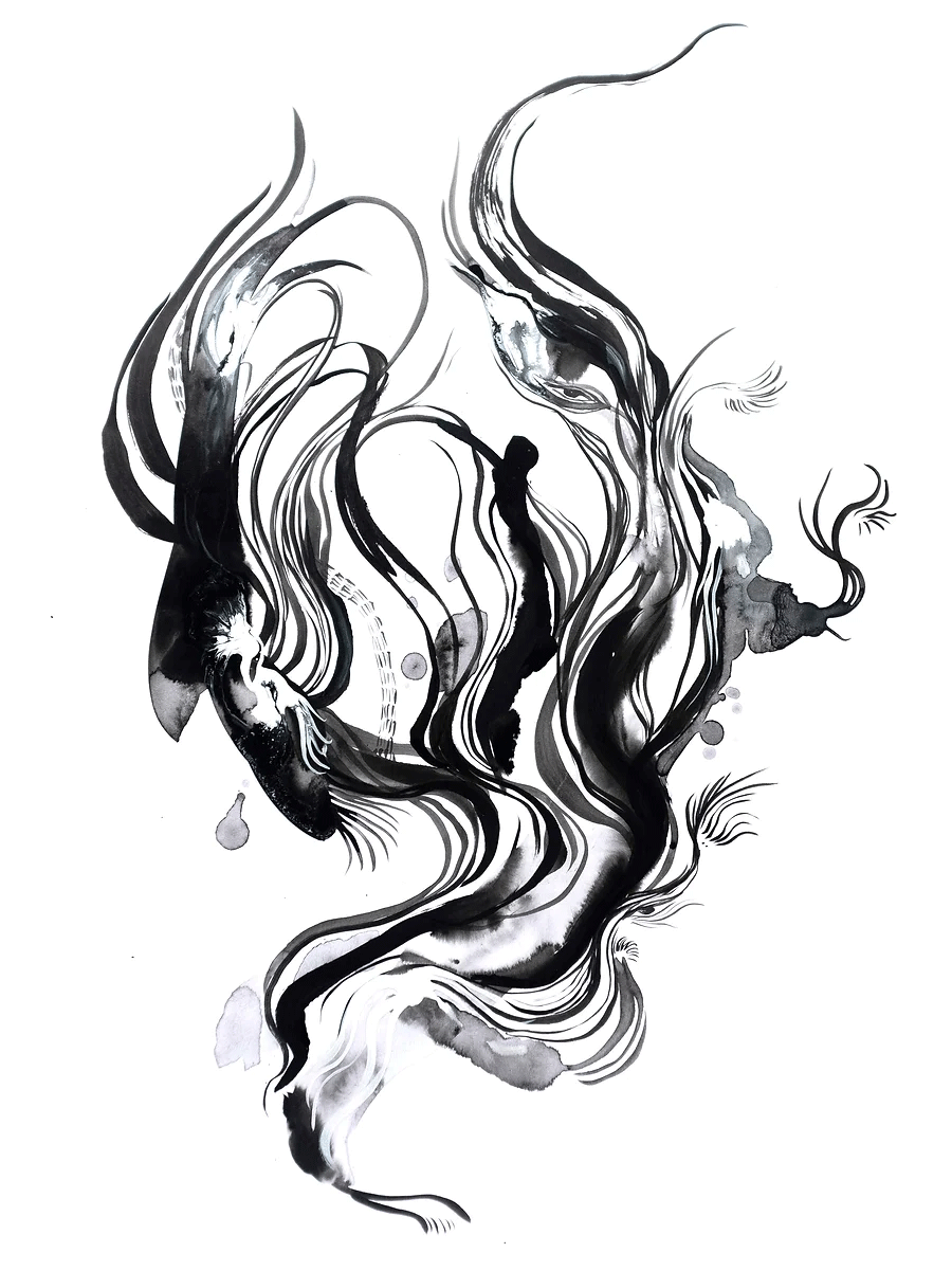 'Flow State' features soft wavy lines that create an abstract composition. An original ink painting by Angela Tam, this piece is a documentation of the artist's state when creating - calm, free and flowing. Displayed as a full image.