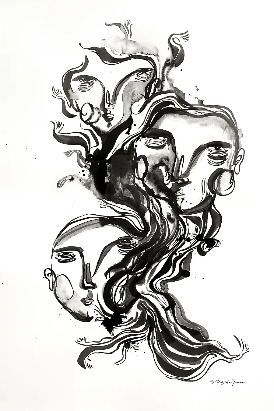 'Guides' is an original artwork by Angela Tam housing three abstracted faces with a large wave of ink lines through the middle. The faces join to the curved lines as if emerging from them. The image is displayed in full.