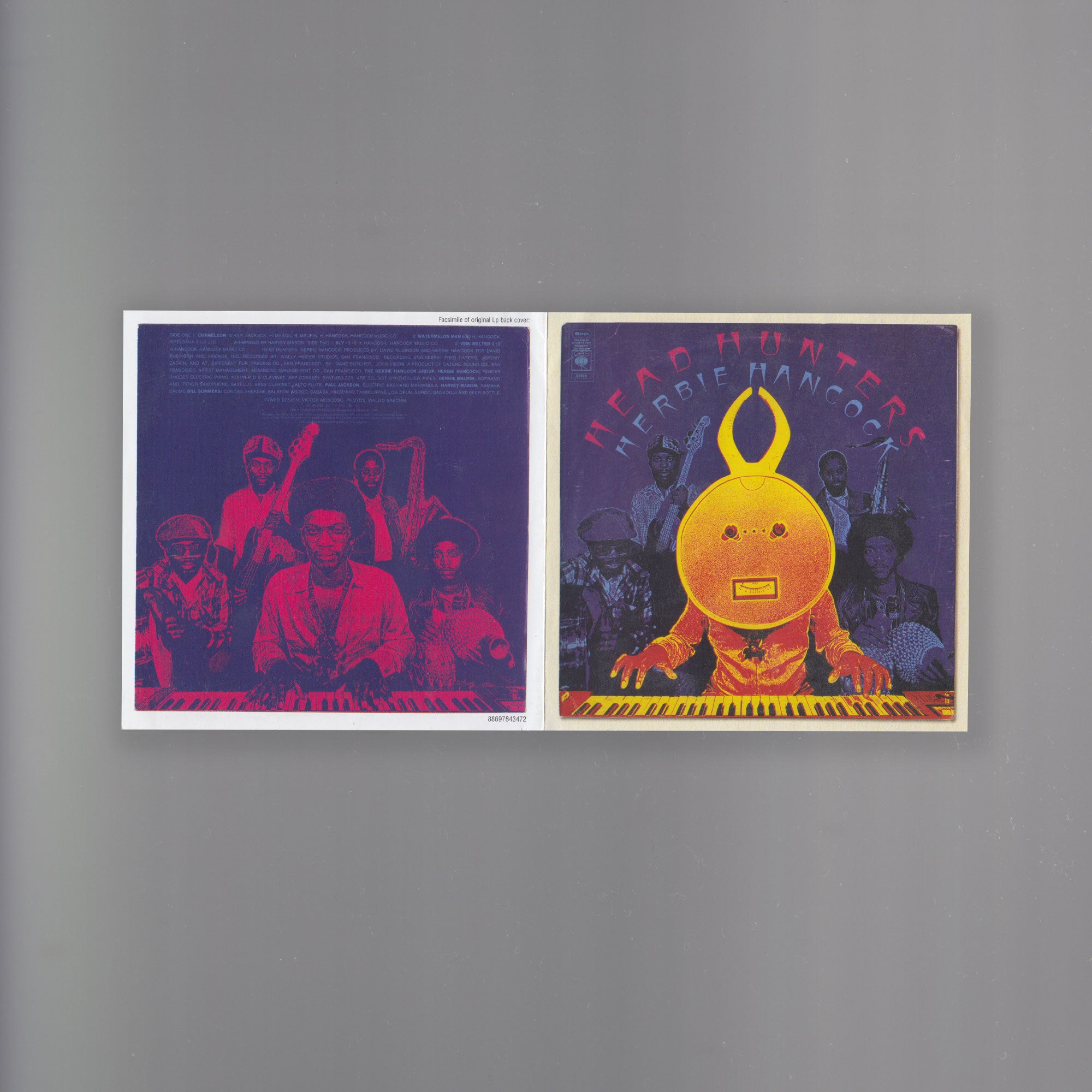 Scanned image of Herbie Hancock's purple and orange CD booklet 'Headhunters'.