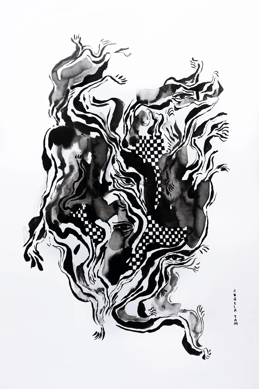 Angela Tam's 'Highs and Lows Pass By' is an abstract depiction of the artist's subconscious and evolving energy. The black ink contrast to the white background, and various weights of brush lines create tension. The artwork is fluid and hypnotic, displayed as a full image.
