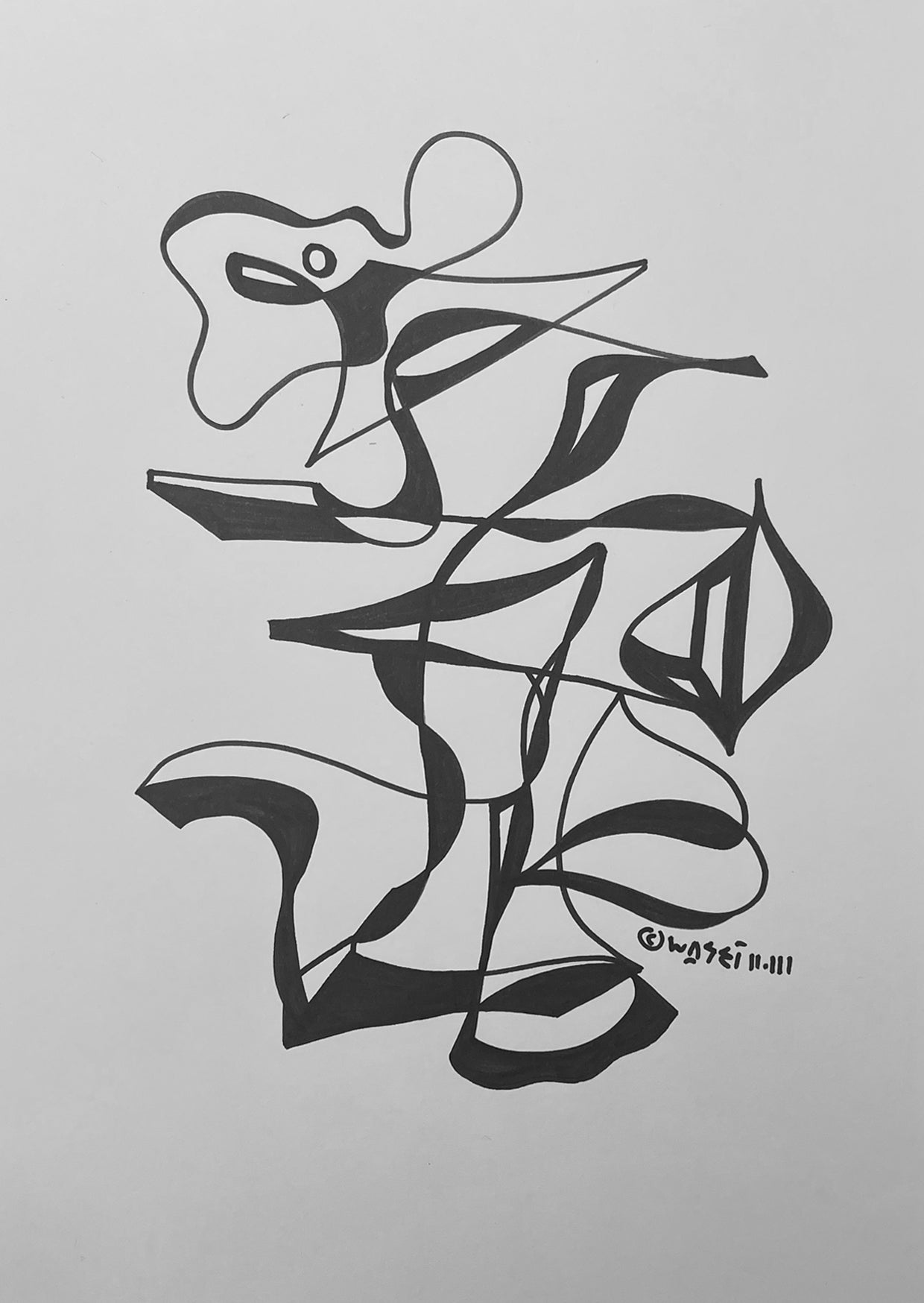 A black and white line drawing by wa sei. The artwork depicts an abstracted figure and shapes, displayed in full.