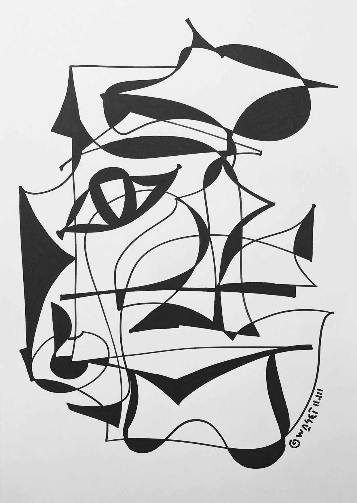 A black and white line drawing by wa sei. The artwork depicts an abstracted eye and shapes, displayed as a full image.