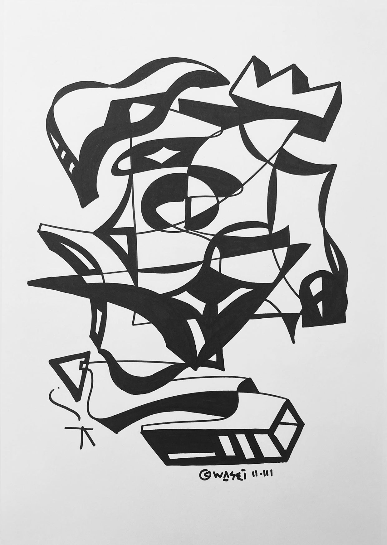 A black and white line drawing by wa sei. The artwork depicts an abstracted eye, crown and 3D shapes, displayed as a full image.