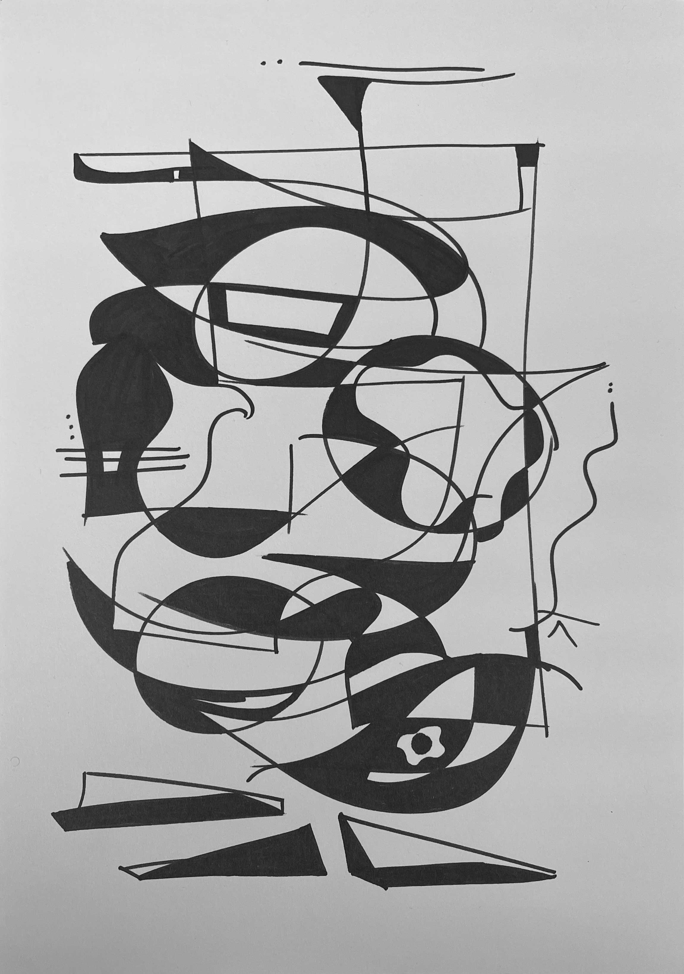 A black and white line drawing by wa sei. The artwork depicts an abstracted pattern of faces and shapes, displayed as a full image.