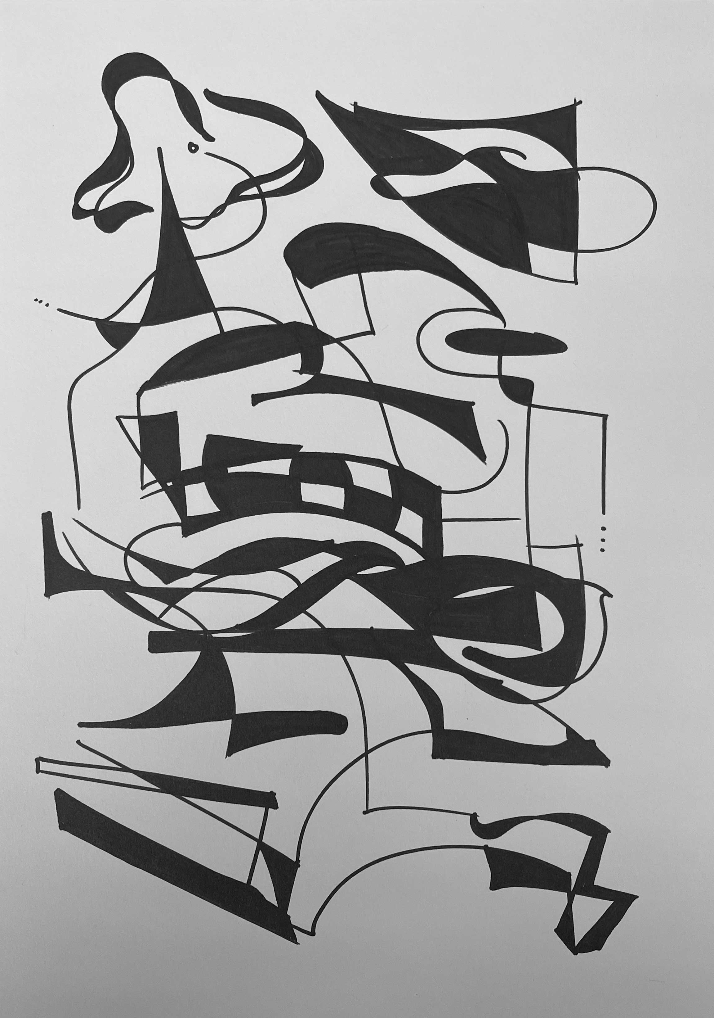 A black and white line drawing by wa sei. The artwork depicts abstracted patterns and shapes, displayed in full.