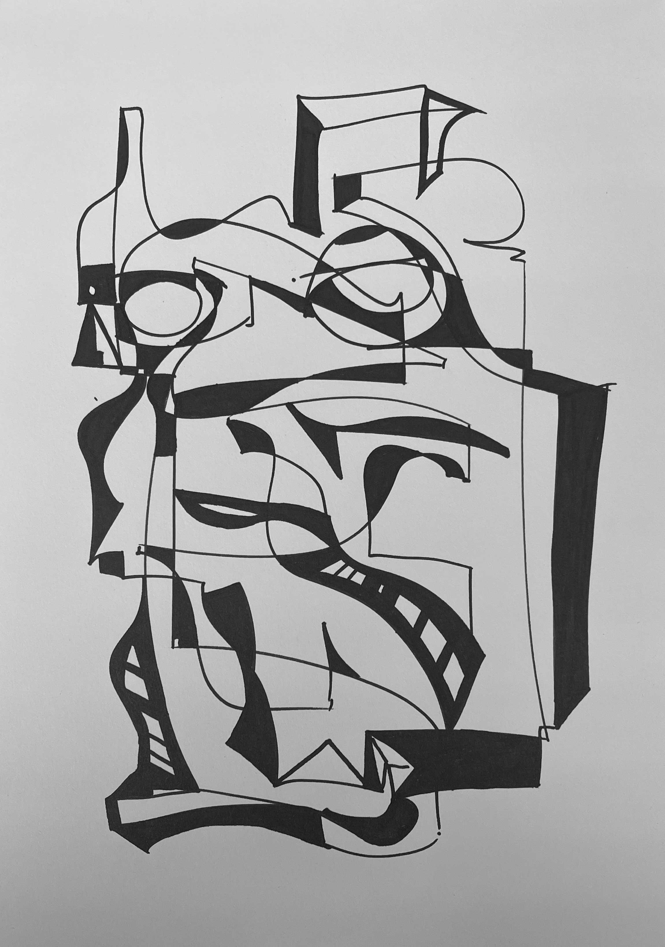 A black and white line drawing by wa sei. The artwork depicts an abstracted pattern of faces, displayed as a full image.