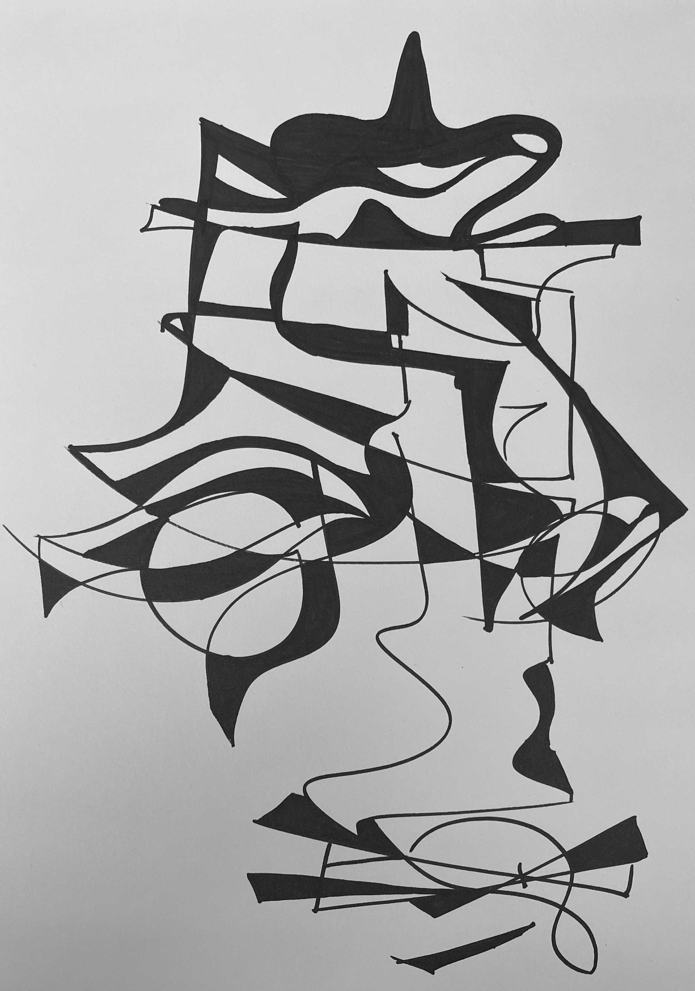 A black and white line drawing by wa sei. The artwork depicts an abstracted pattern of faces and shapes, displayed as a full image.