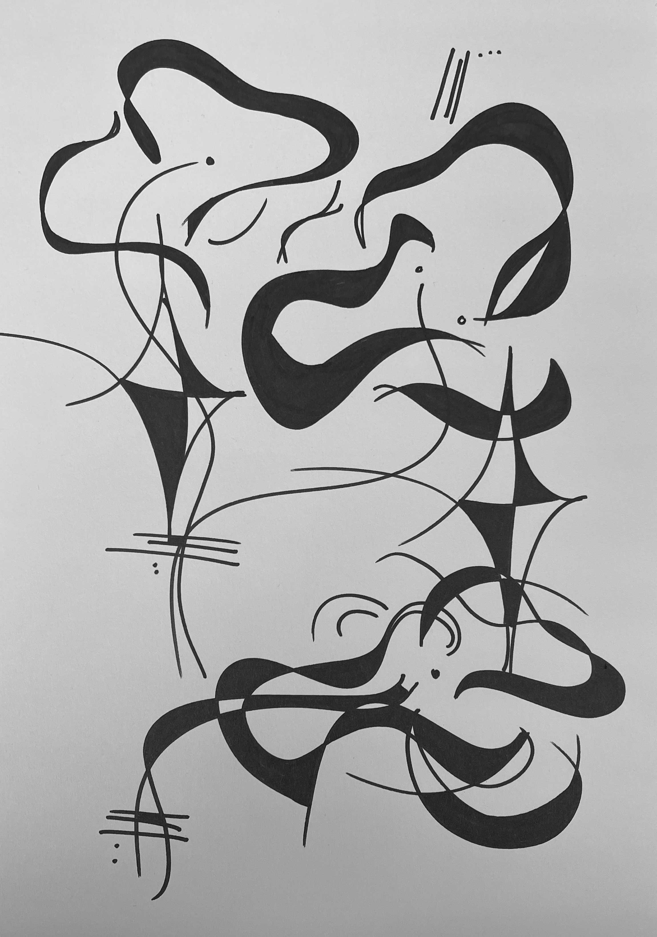 A black and white line drawing by wa sei. The artwork depicts an abstracted flower and shapes, displayed as a full image.