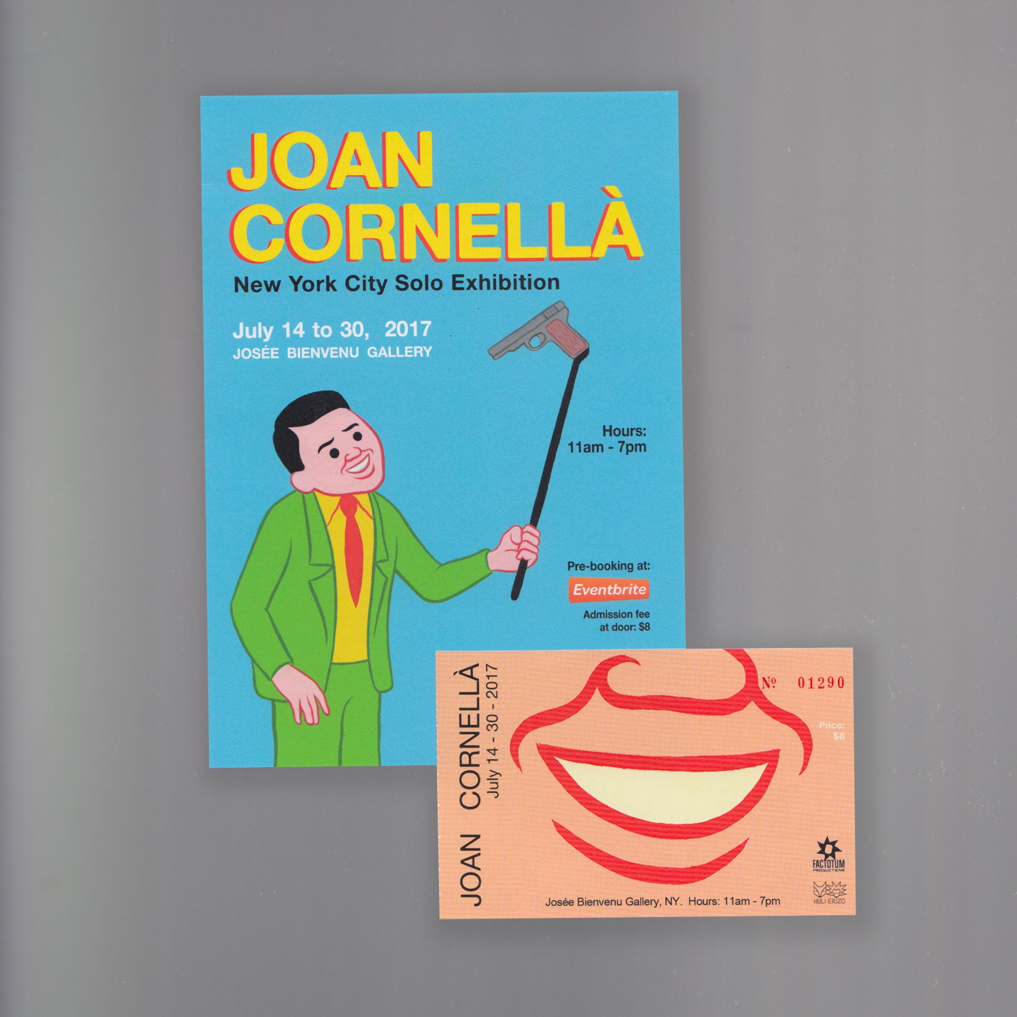 Vibrant blue and cream scanned exhibition collateral from artist Joan Cornella's NYC solo exhibition.