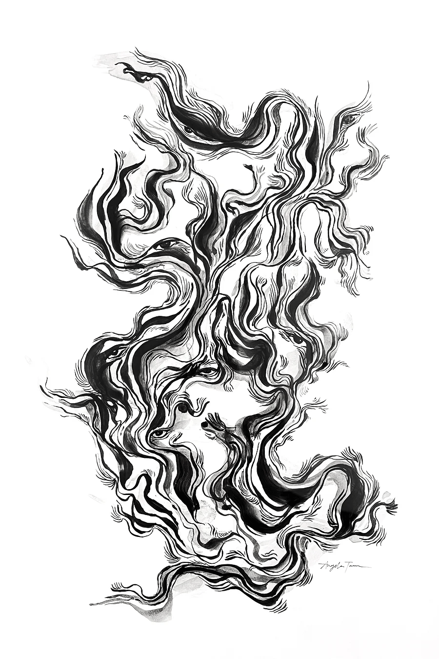 'Mystical Dreamer' is an original ink painting by Angela Tam. The various waves of brush strokes are reminiscent of topographic maps, in this case, a map of the artist's subconscious landscape. The hypnotic artwork is displayed in full.