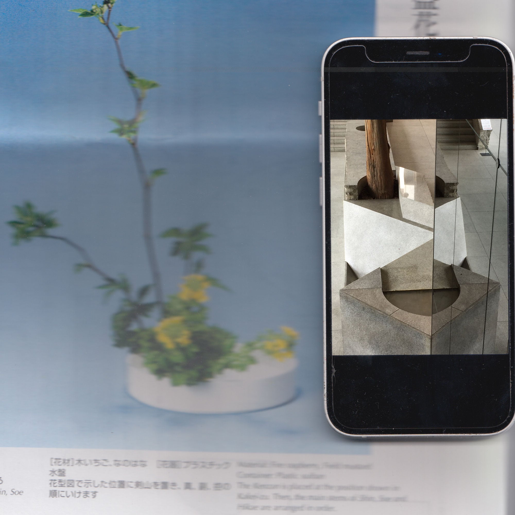 A scanned image of a blurred photo of an ikebana flower in blue and green. An iphone is displayed in the foreground with a coloured photo of an architectural space with mirrors and a tree at the Sogetsu Foundation, Akasaka Japan.
