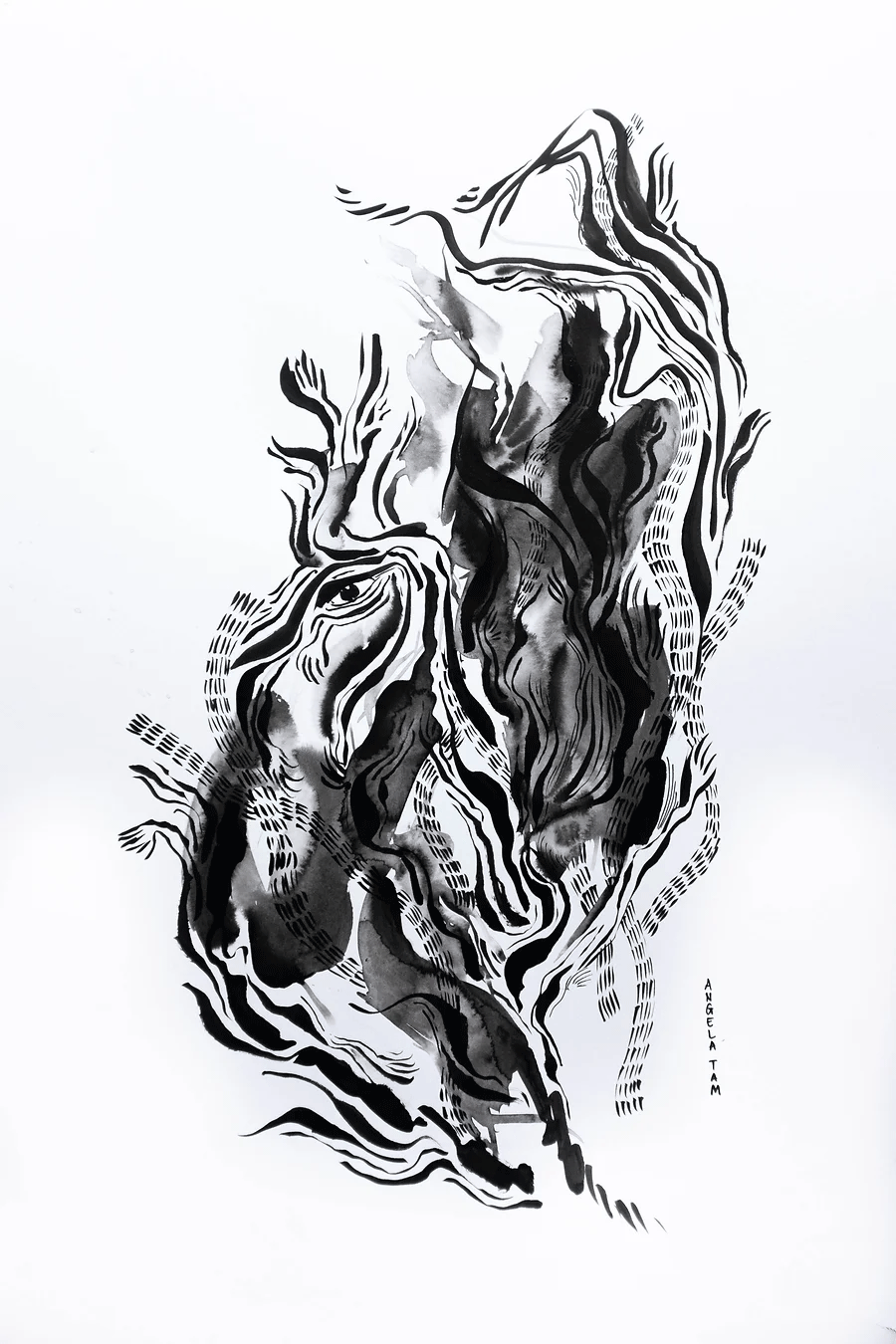 'Nurturing The Fire' is Angela Tam's abstract depiction of an inner flame. The original ink painting has brush strokes expanding to each direction of the frame, and an 'all-seeing' eye at the center of it. Displayed as a full image.