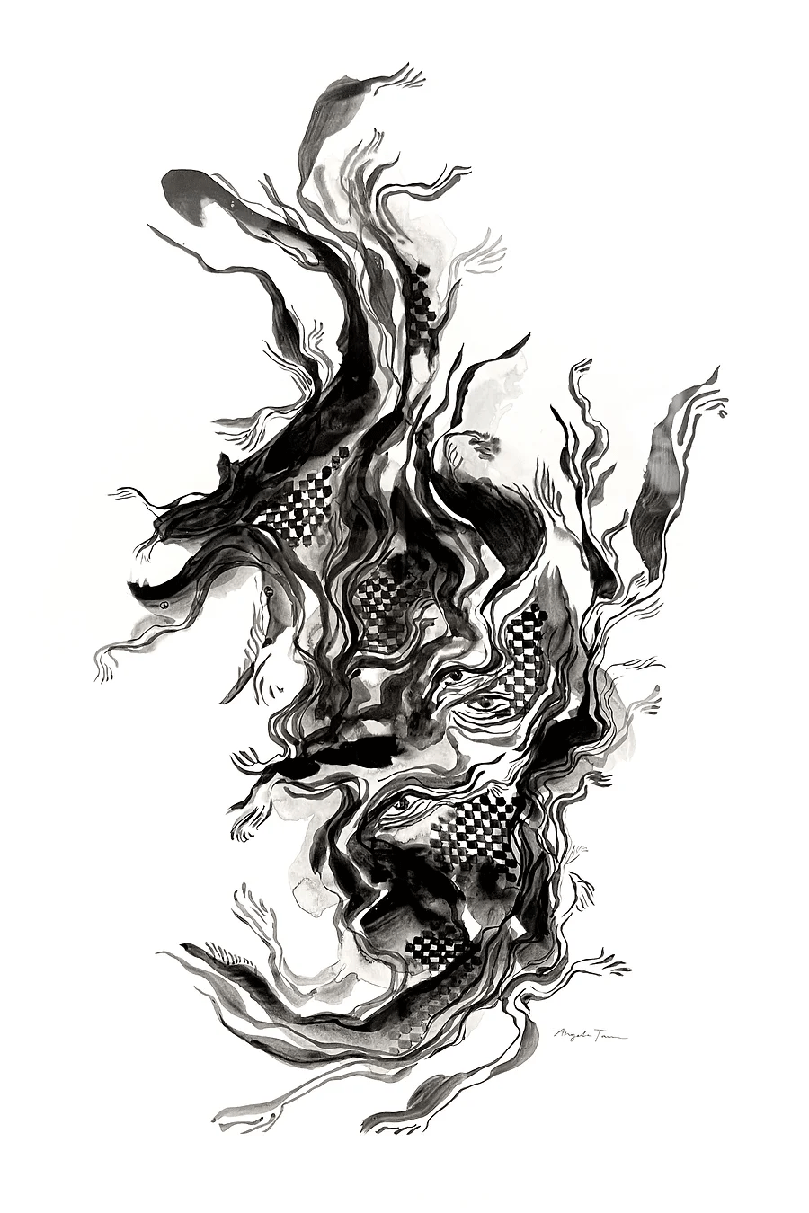 'Perception' is an original ink painting by Angela Tam. Bold, fluid brush strokes constrast with tiny rigid checks in an abstract composition. Within are two eyes from which all other lines flow. Displayed as a full image.