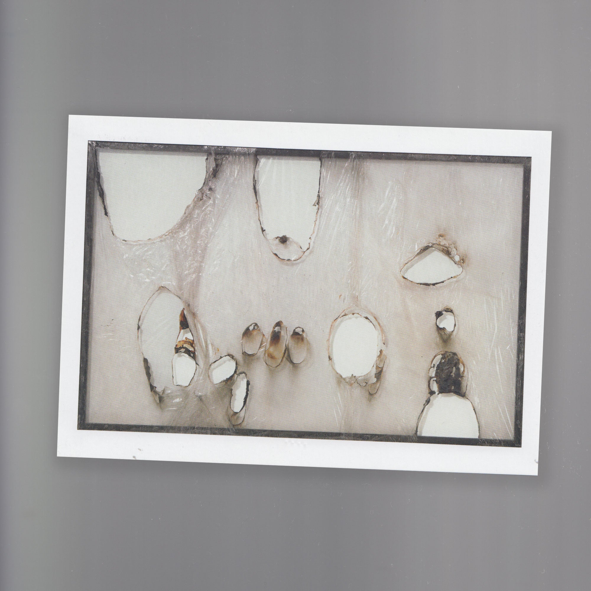 A distorted abstract postcard of holes and plastic, depicting the natural coloured artwork by Alberto Burri 'Grande bianco plastica 1964'.