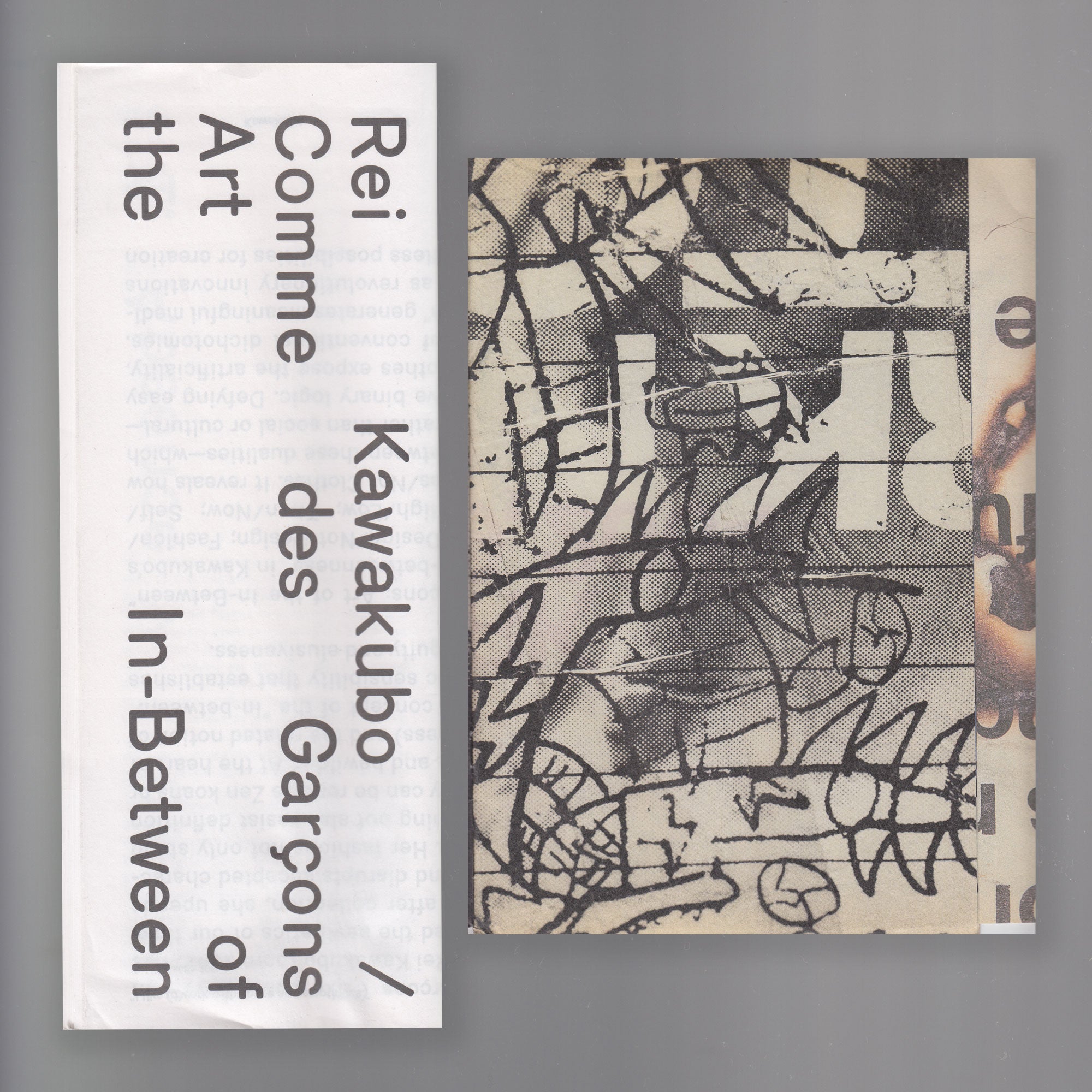 Two pamphlets are displayed as a scanned image. The folded pamphlet on the left displays the text 'Rei Kawakubo/Comme des Garcons Art of the In-Between'. The right pamphlet displays an abstract graffiti artwork in monochrome news paper.
