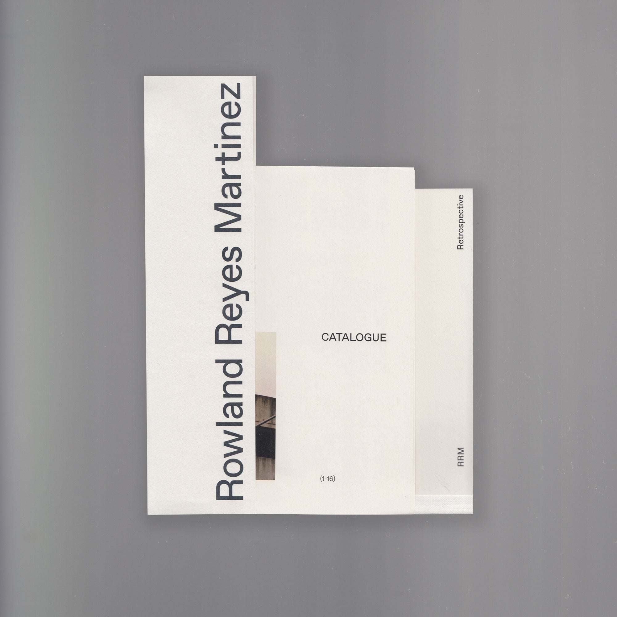 Scanned image of Rowland Reyes Martinez's exhibition collateral with the words of his name, "catalogue" and "retrospective" in view.