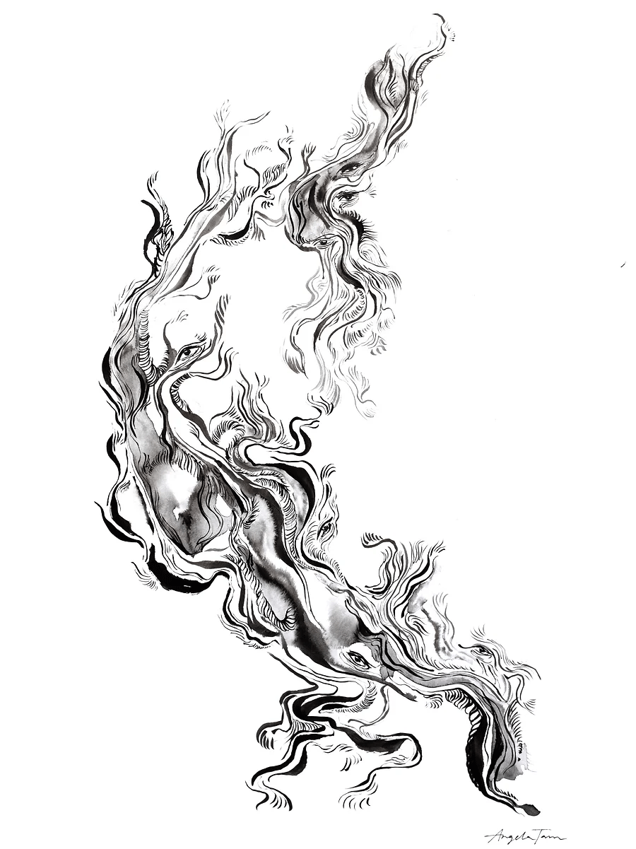 'Shapeshifter' is an original ink painting by Angela Tam that nods to traditional Chinese ink painting forms. The various thin brush strokes form a dragon-like shape that moves across the frame. The artwork is displayed as a full image.