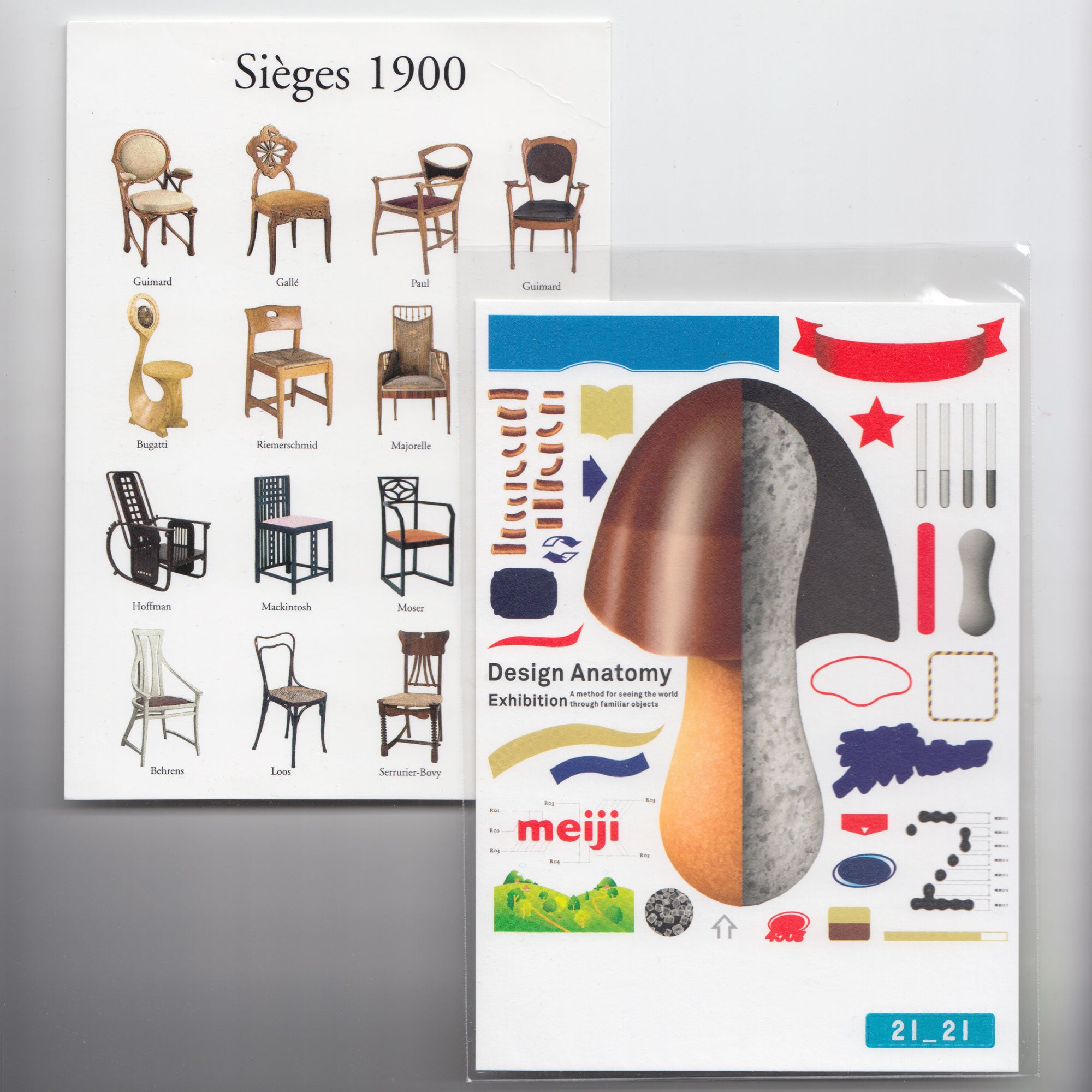 Scanned image of two posters: The first is titled "Sieges 1900" with images of 16 chair designs; and the second is a postcard from meiji of the design anatomy of exhibitions.
