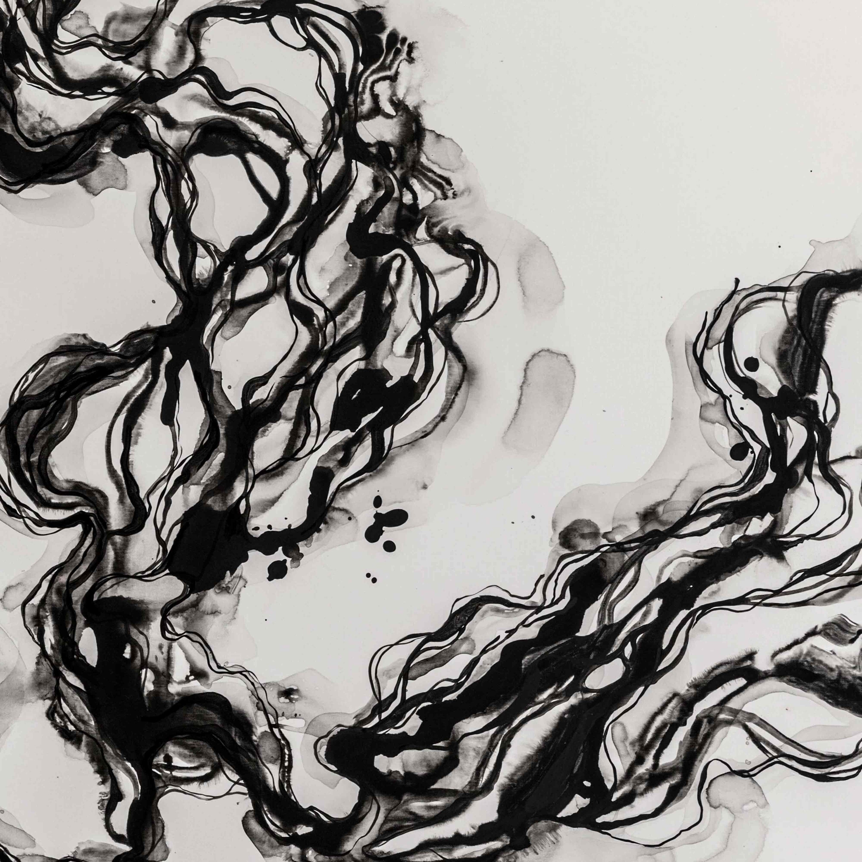 Close up detail of black and white abstract artwork made of chinese ink by Angela Tam