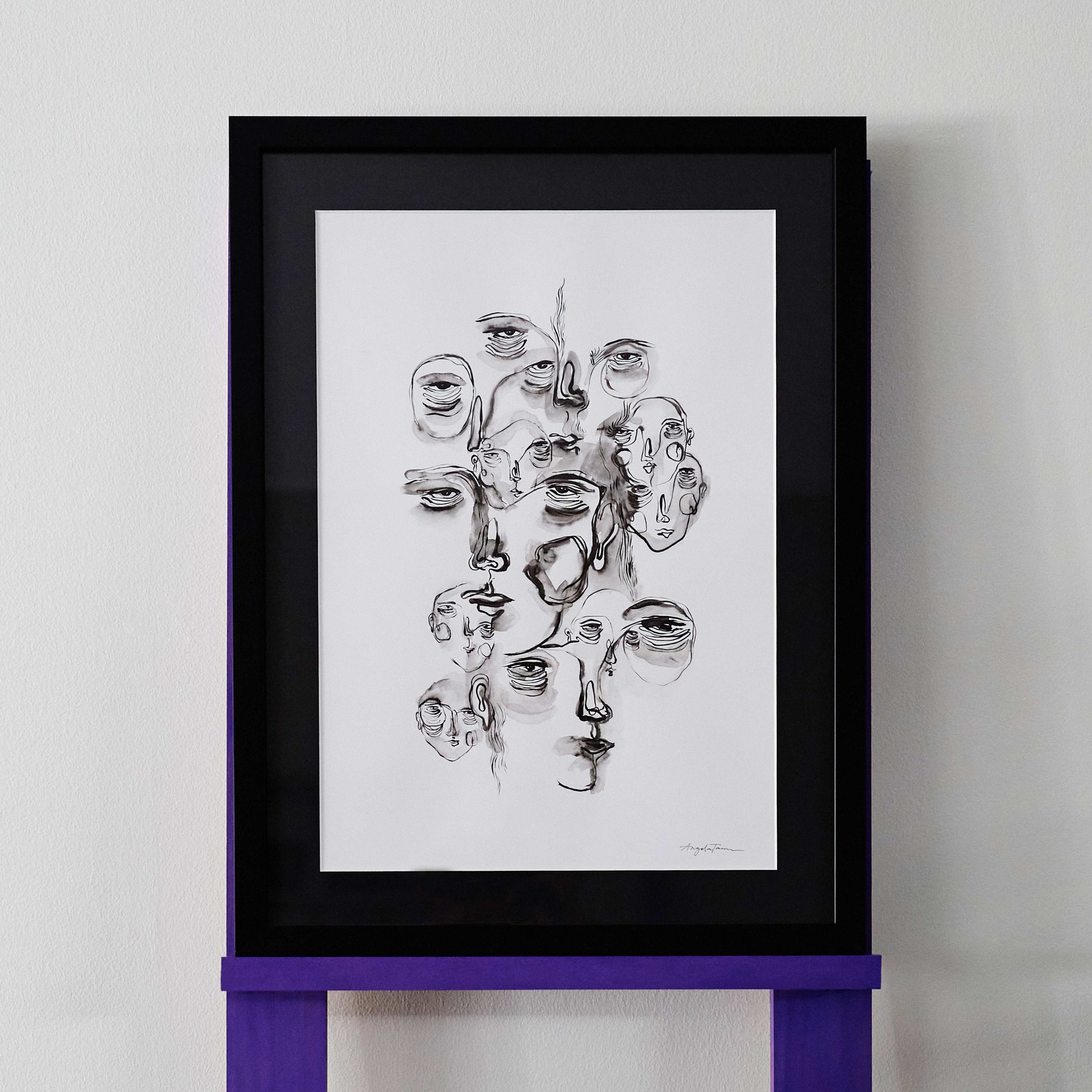 Original ink painting by Angela Tam featuring various faces creating an ominous composition. Black ink contrasts with a white background, framed with a black mount and frame.