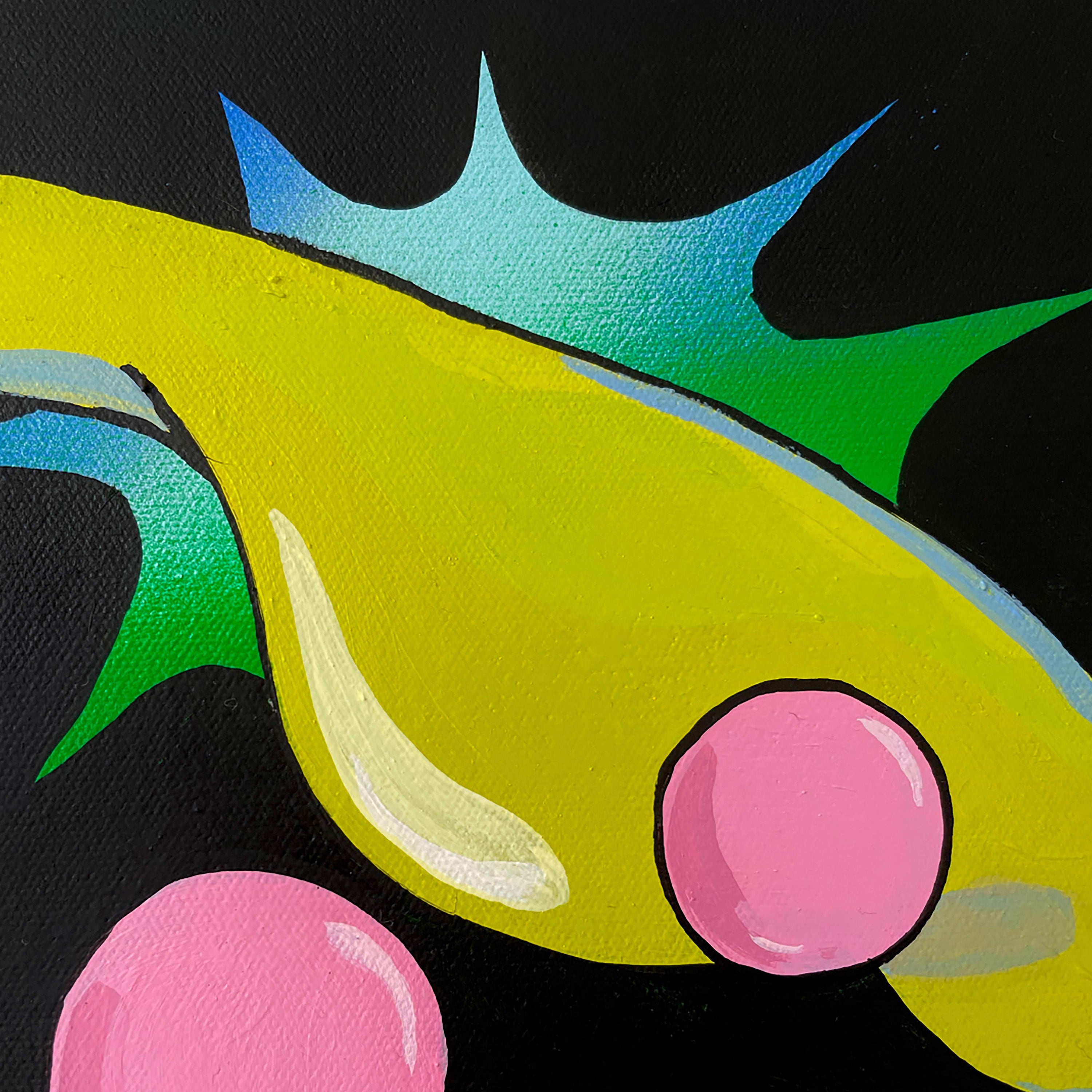 A close-up image of Angela Tam's painting 'Befriending The Formless', featuring abstract green and pink playful shapes.