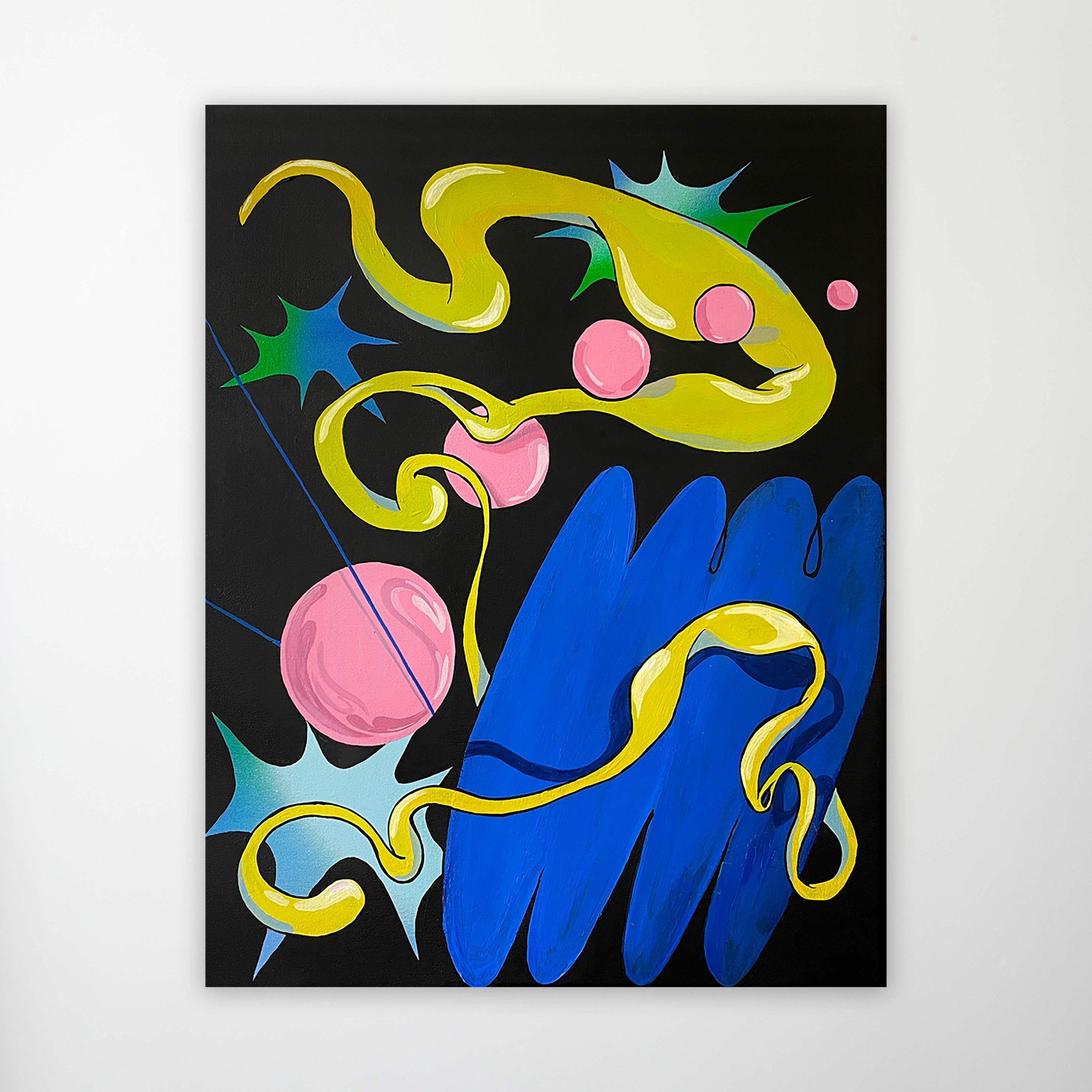 A dynamic and colourful abstract artwork by Australian artist Angela Tam, is displayed on a white gallery wall.