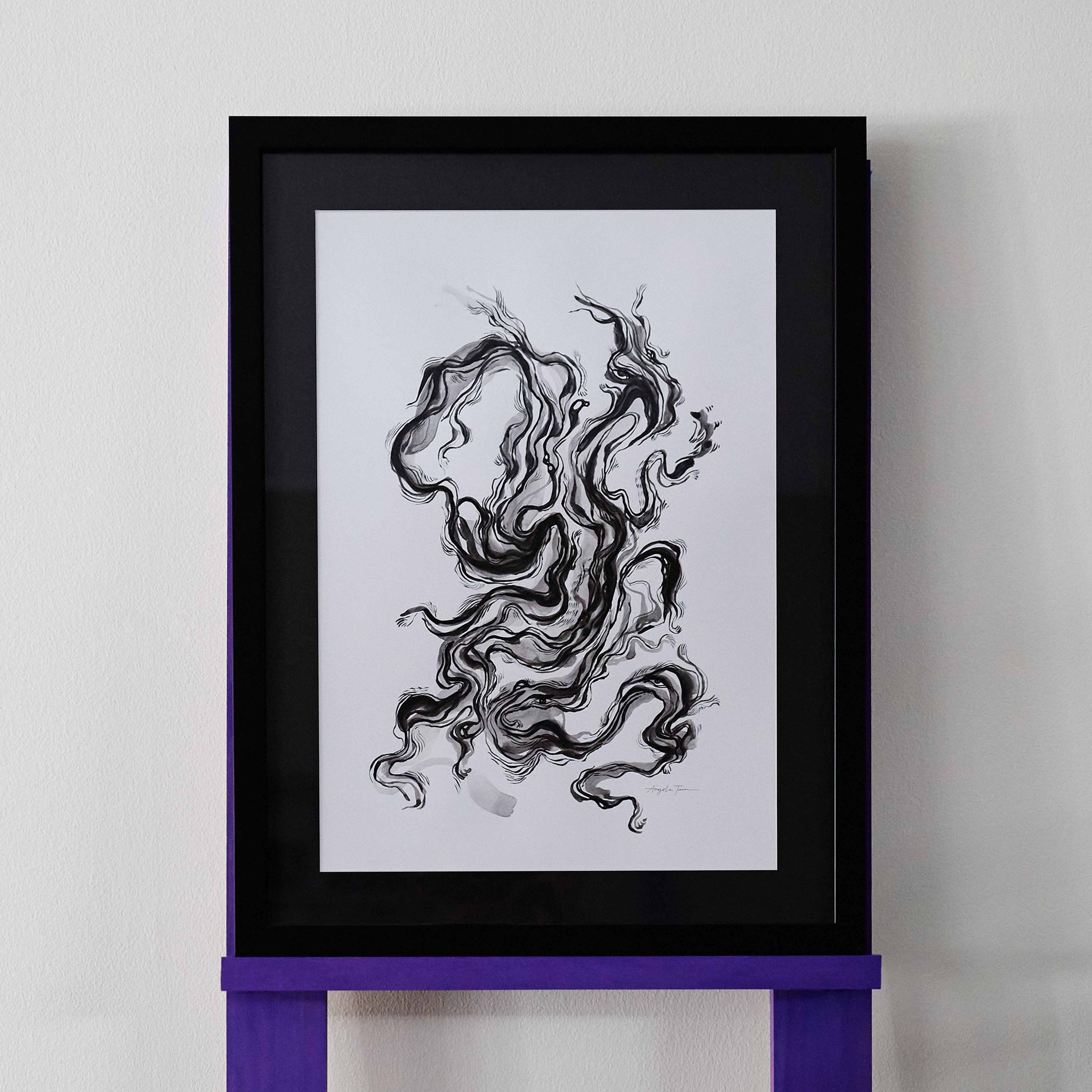 Original ink painting by Angela Tam with wavy, abstract ink brushstrokes. The lines are reminiscent of the way light reflects on water, with different weights and depths. Framed in a black frame.