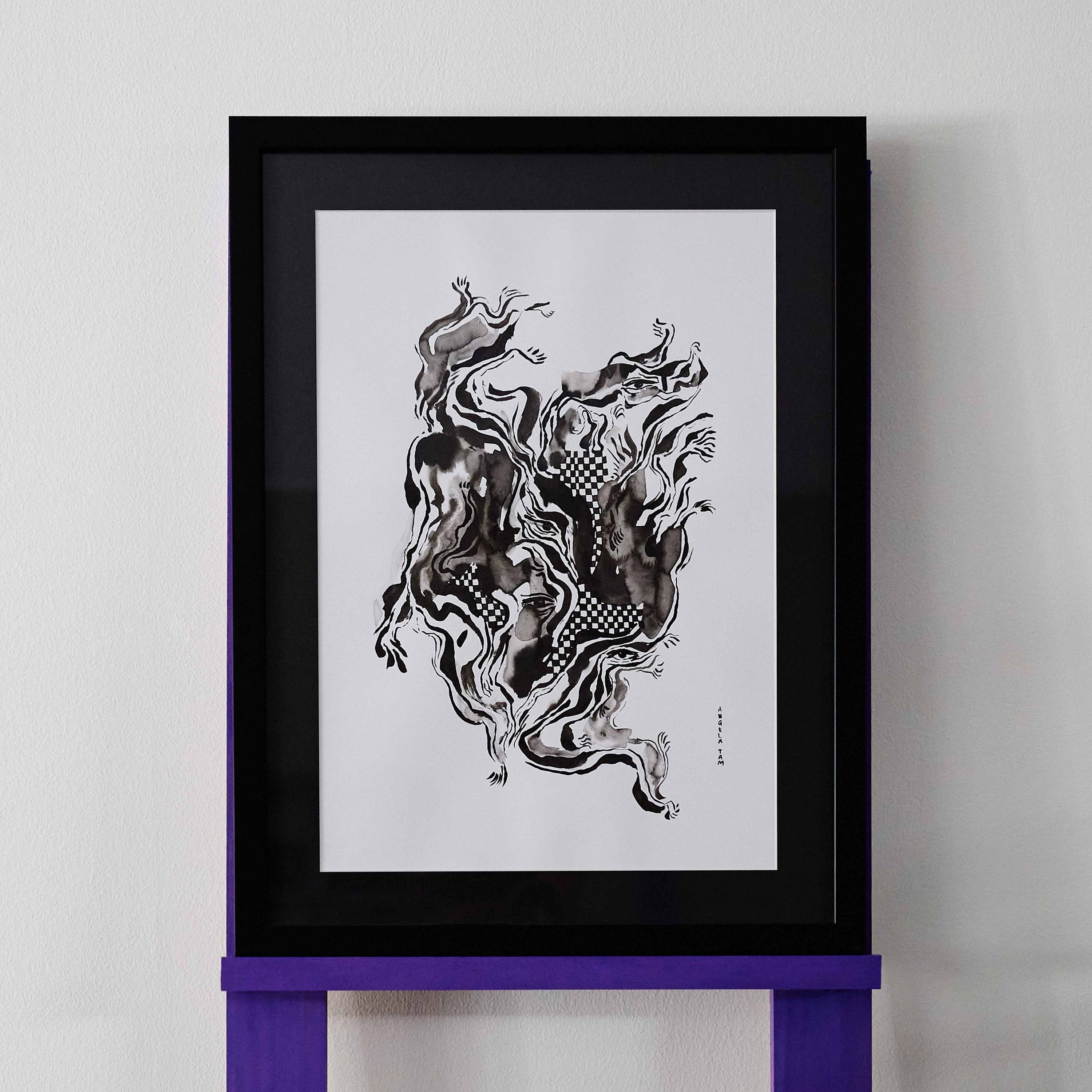 'Caught In The Rhythm' presents dynamic ink brushstrokes by Angela Tam. Checkered layers are embedded and constrasted with blotchy and various weights of ink, displayed in a black frame.