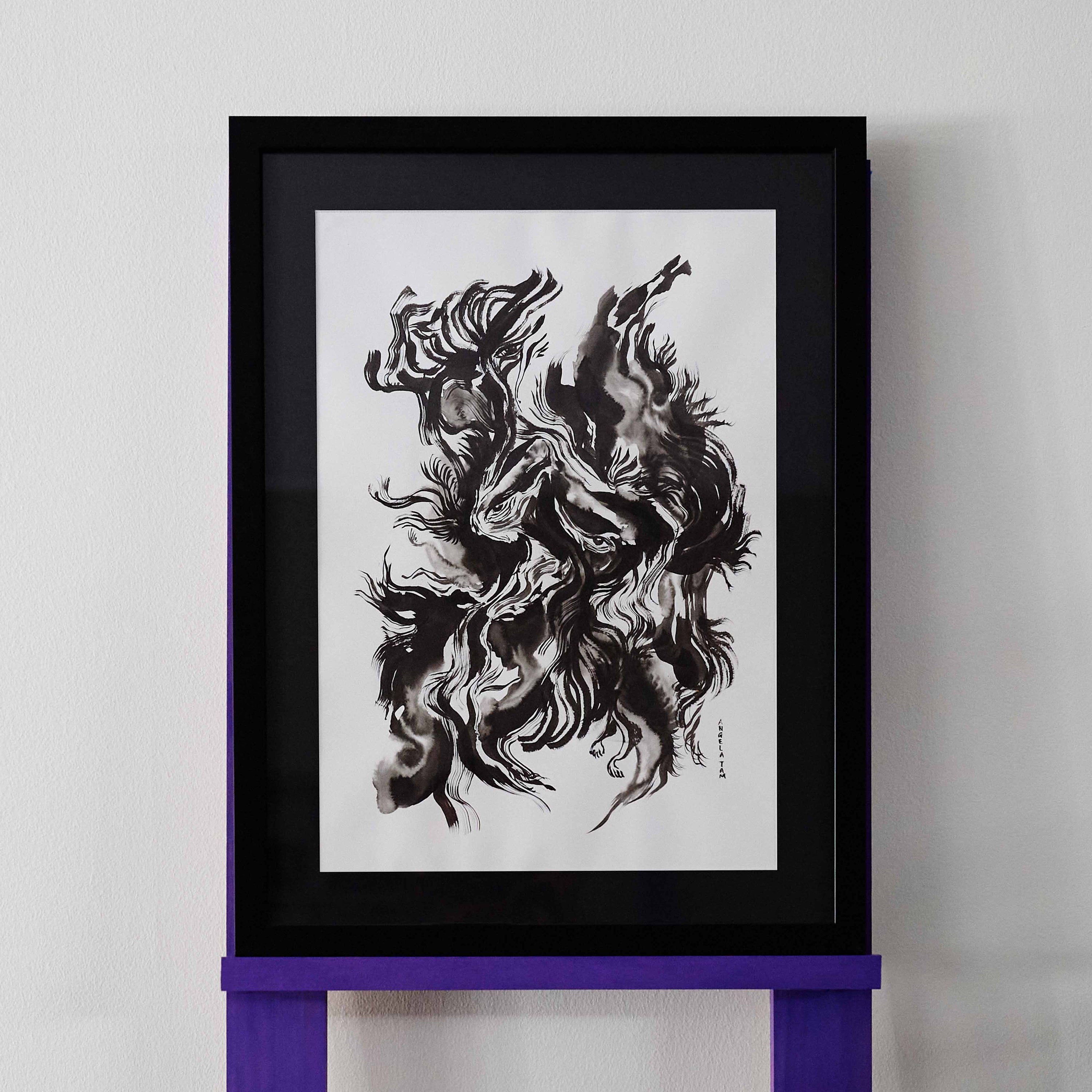 'Coming Through' is an original ink painting by Angela Tam, framed with a black mount and frame. The brushstrokes suggest a dense overgrowth where eyes appear throughout.