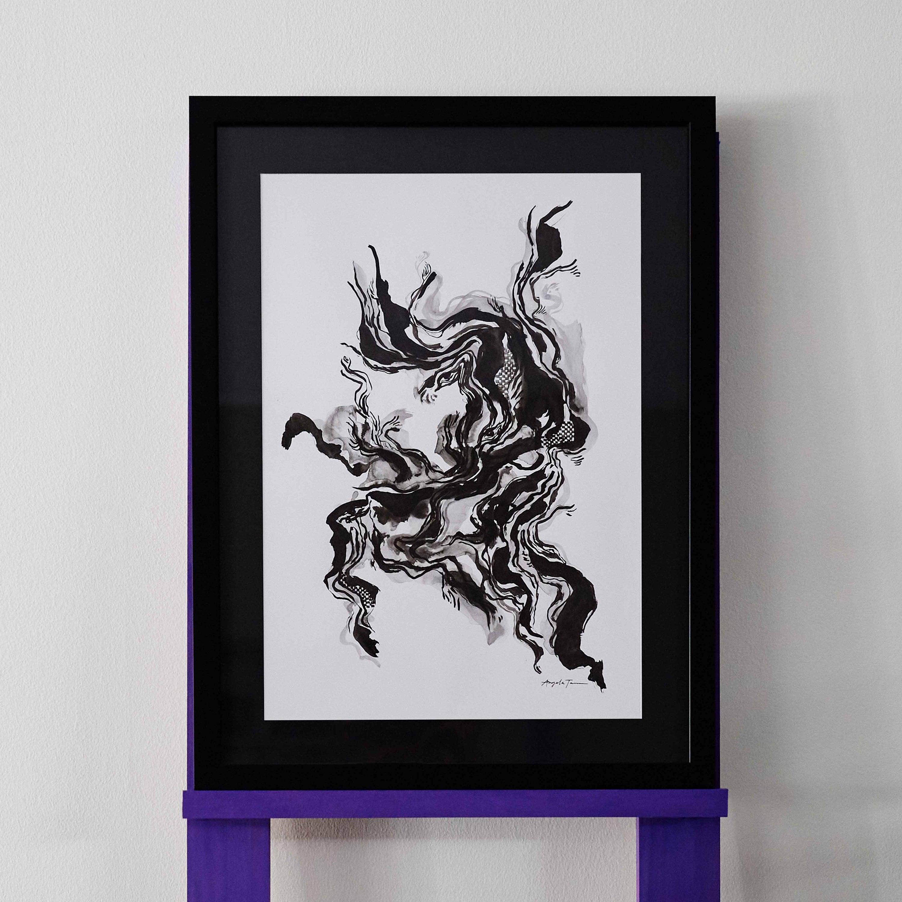 Original artwork by Angela Tam featuring abstract brush strokes made with ink, contrasted on a white background. The lines appear fluid and in motion, spreading to each corner of the piece from a single eye.