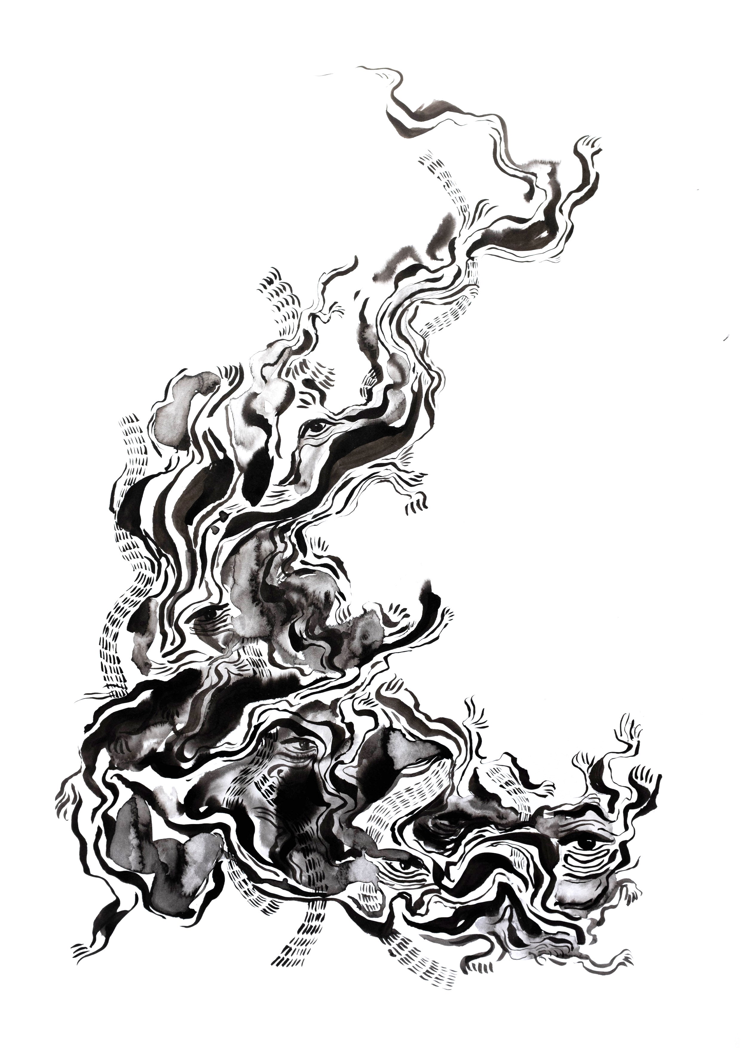 Full image of the black and white Chinese ink drawing revealing lines that show eyes and a face.