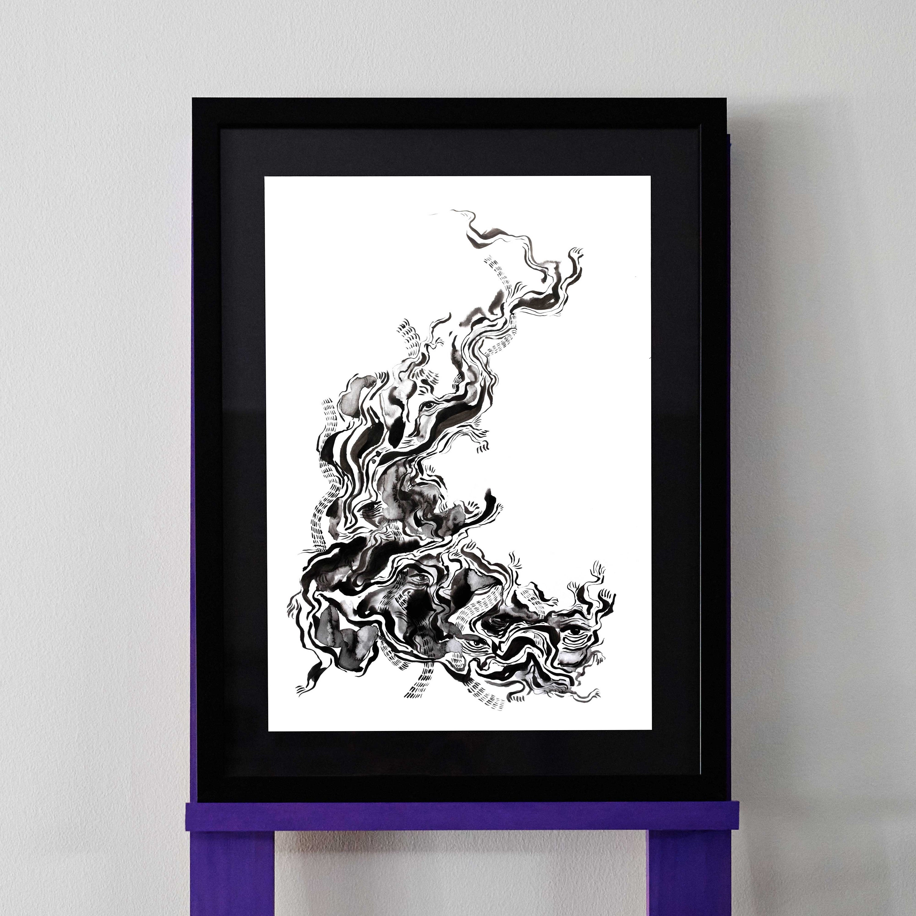 Black and white Chinese ink drawing revealing lines that show eyes and a face. The artwork is pictured in a black frame.