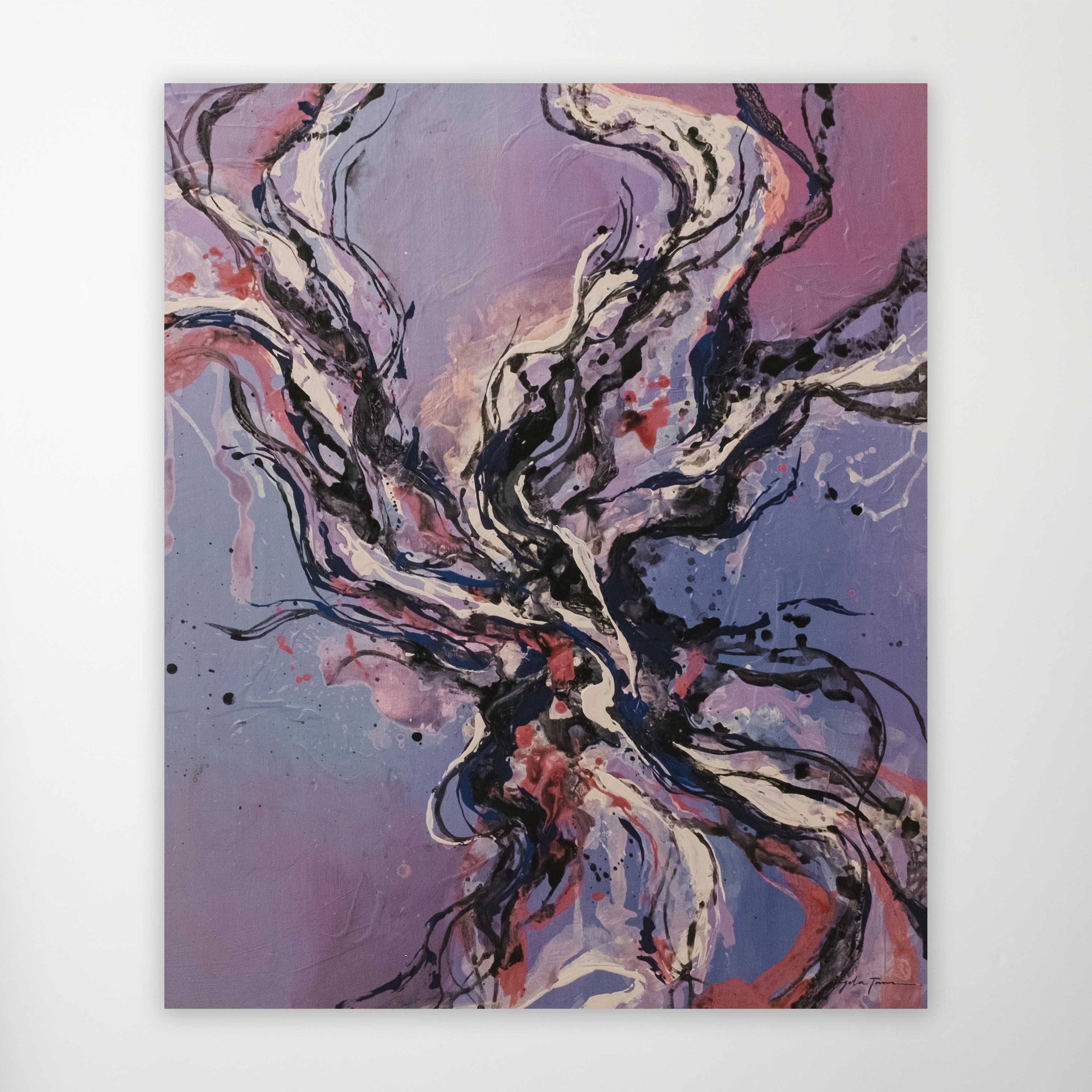 Purple, pink and black abstract painting by Angela Tam, hung on a gallery wall